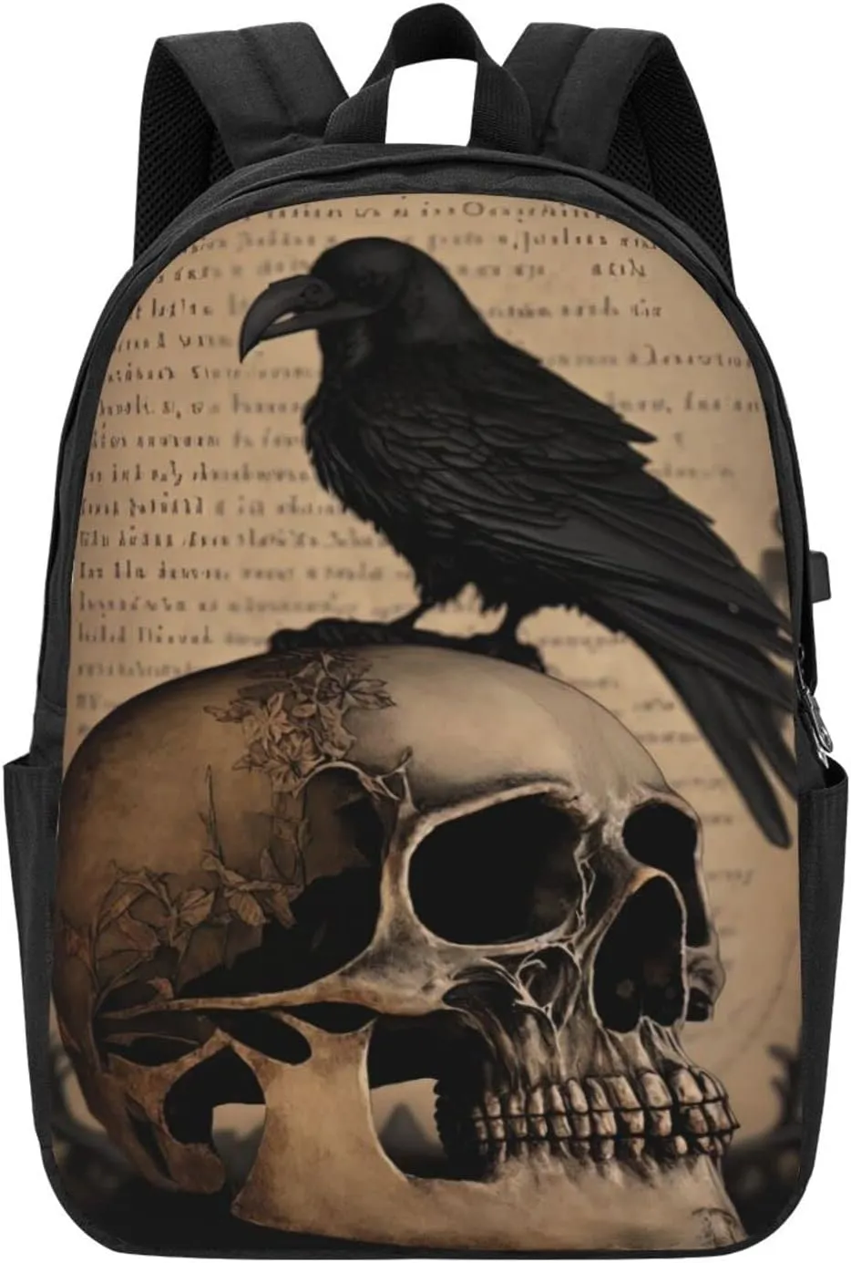 Edgar Allan Poe The Raven Skull Laptop Backpack, Travel Backpack with USB Charging Port, Computer Bag for Men Women