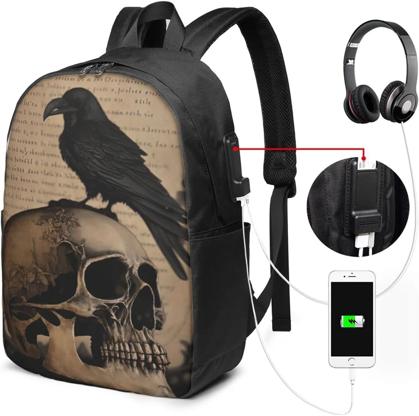 Edgar Allan Poe The Raven Skull Laptop Backpack, Travel Backpack with USB Charging Port, Computer Bag for Men Women