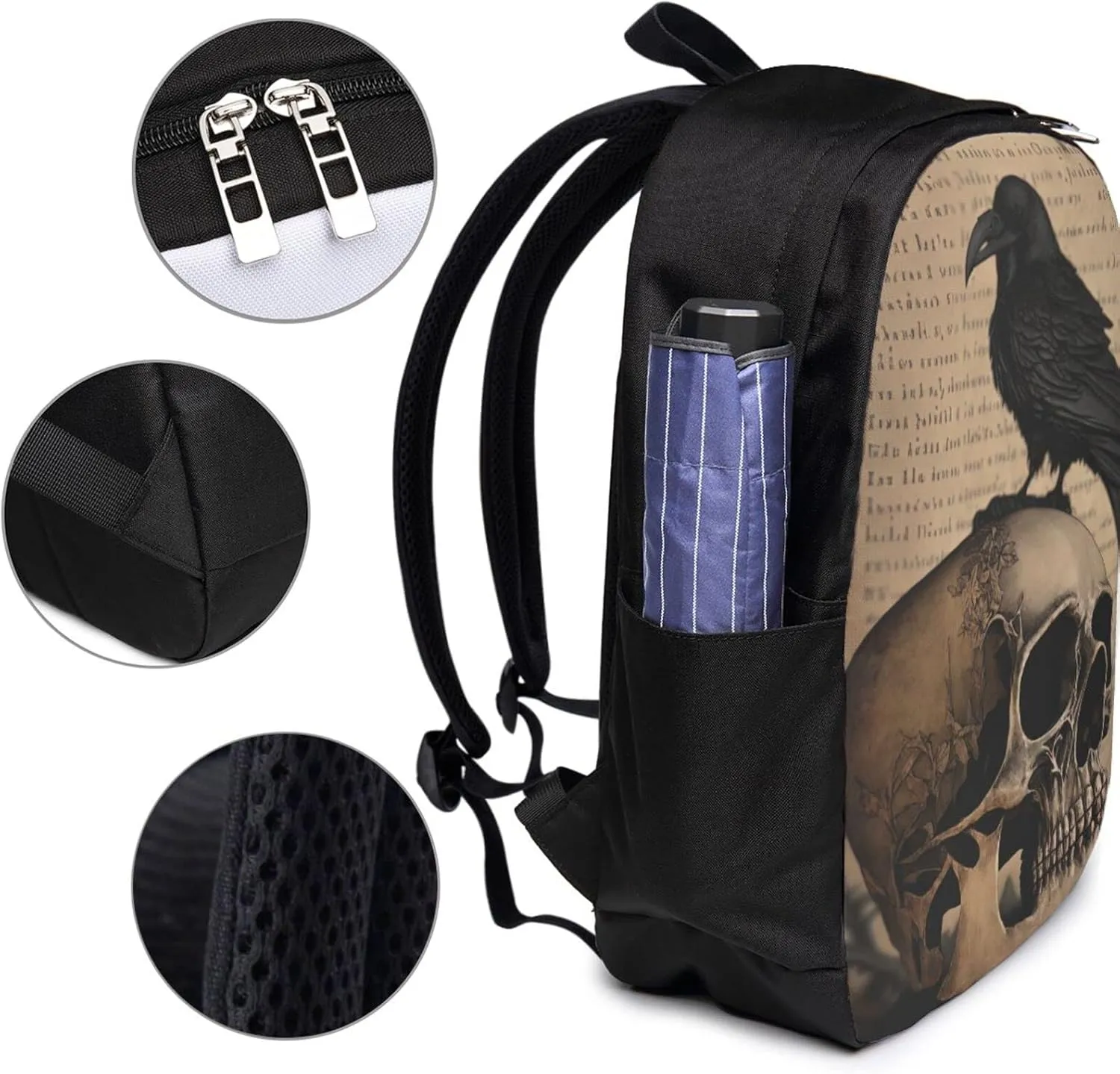 Edgar Allan Poe The Raven Skull Laptop Backpack, Travel Backpack with USB Charging Port, Computer Bag for Men Women