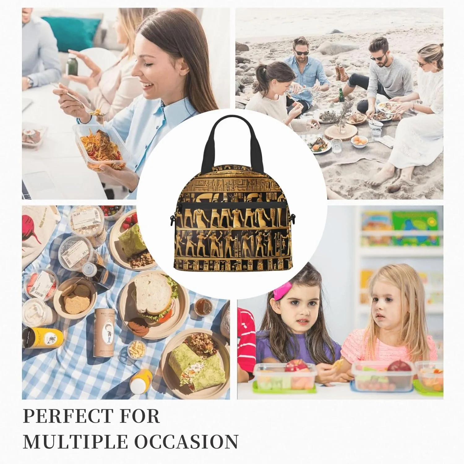 Egypts Hieroglyphics Insulated Lunch Bag With Adjustable Shoulder Strap, Cooler Lunch Tote Bag For Women