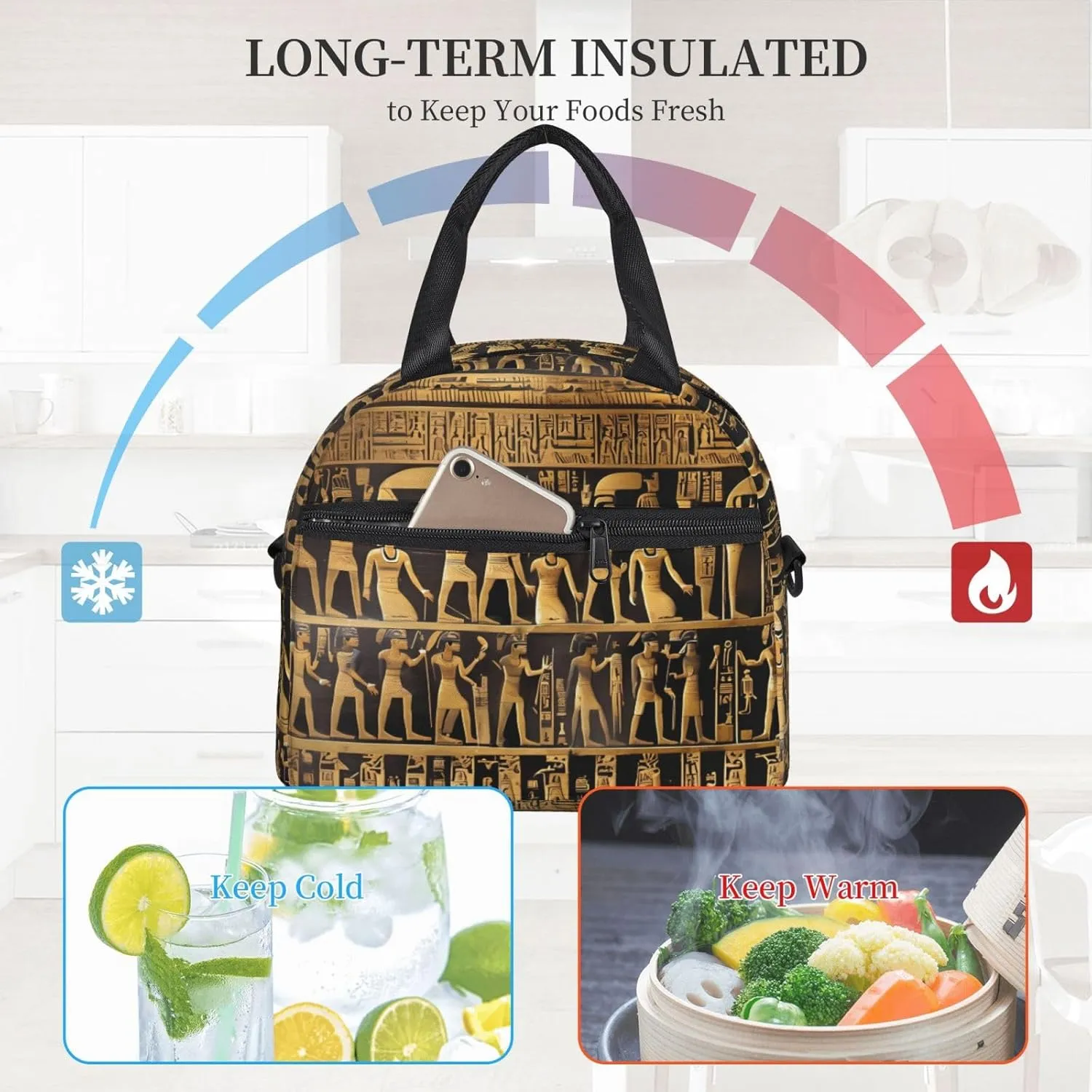 Egypts Hieroglyphics Insulated Lunch Bag With Adjustable Shoulder Strap, Cooler Lunch Tote Bag For Women