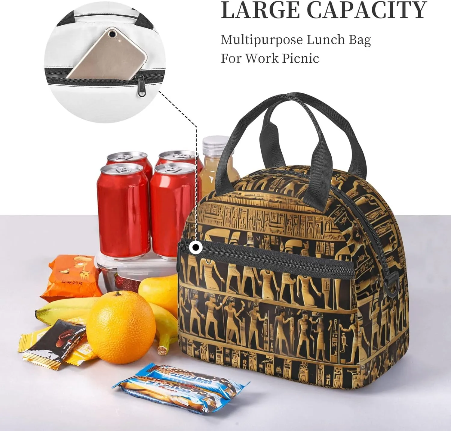 Egypts Hieroglyphics Insulated Lunch Bag With Adjustable Shoulder Strap, Cooler Lunch Tote Bag For Women