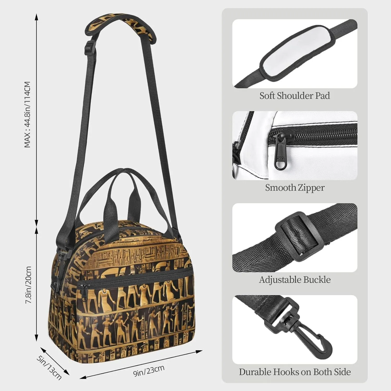Egypts Hieroglyphics Insulated Lunch Bag With Adjustable Shoulder Strap, Cooler Lunch Tote Bag For Women