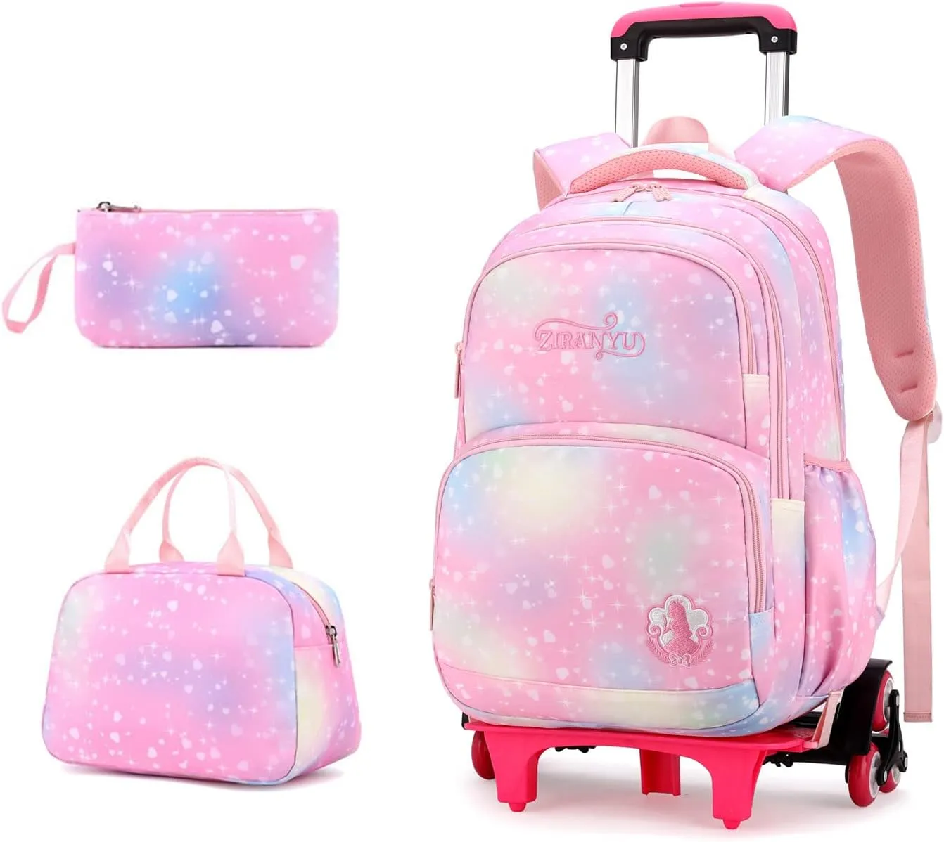 EKUIZAI 3PCS Colorful Heart Print Trolley Backpack Sets Elementary School Students Rolling Bookbag Cute Girls Backpack with Wheels