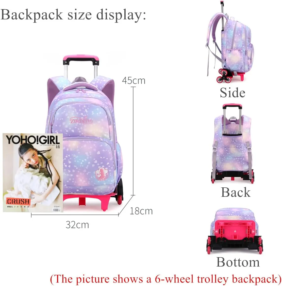 EKUIZAI 3PCS Colorful Heart Print Trolley Backpack Sets Elementary School Students Rolling Bookbag Cute Girls Backpack with Wheels