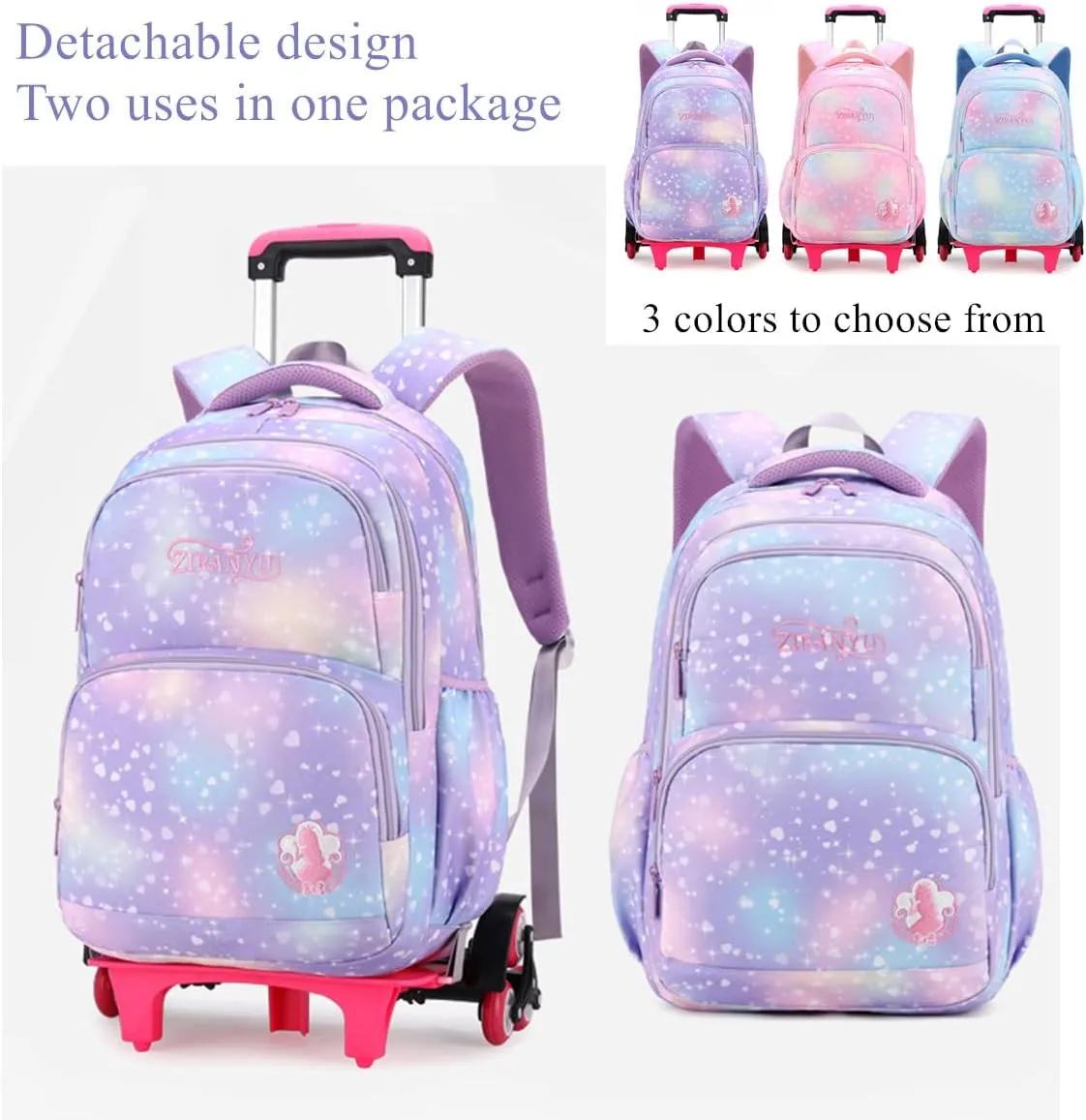 EKUIZAI 3PCS Colorful Heart Print Trolley Backpack Sets Elementary School Students Rolling Bookbag Cute Girls Backpack with Wheels