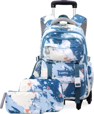 EKUIZAI Girls Trolley Backpack Set Cute Colorful Girls Rolling Backpack Middle School Trolley Schoolbag with Wheels