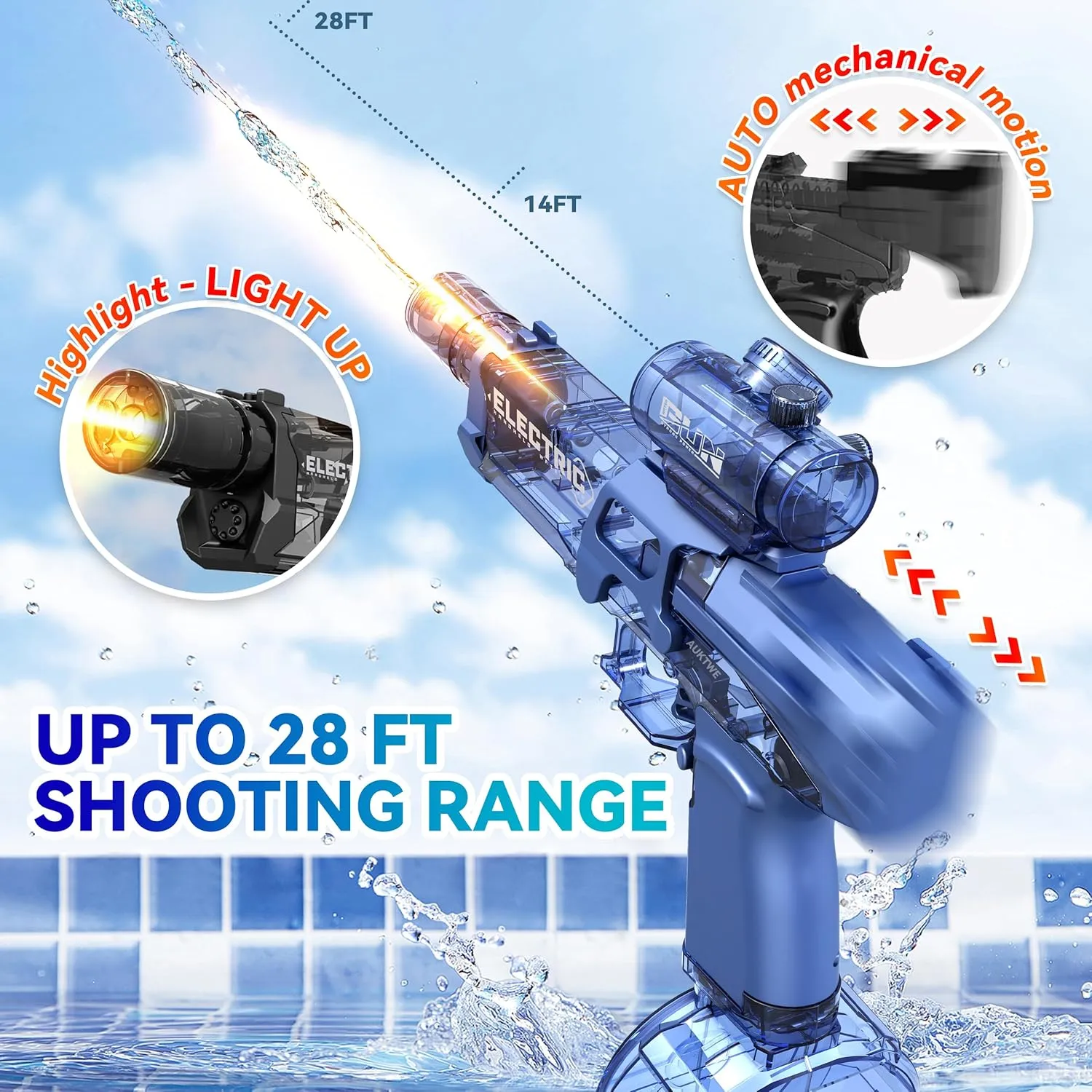 Electric Water Gun with Light Up,28-32 FT, Powerful High Powered Automatic Squirt Gun Fully Auto Water Blaster, Swimming Pool Outdoor Toy Game for Adult&Kid