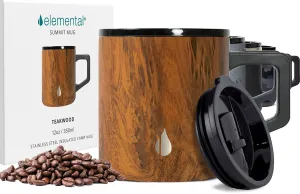 Elemental Insulated Coffee Mug - Triple-Wall Stainless Steel Summit Travel Cup for Hot and Cold Drinks - Thermal Coffee Mug with Lid and Handle for Camping, Office & Travel 12oz - Teakwood