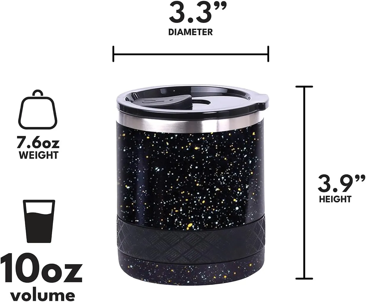 Elemental Recess Lowball Tumbler, 10oz Triple Wall Stainless Steel Cup with Non-Shattered Tritan Lid, Insulated Whiskey Glass, Insulated Coffee Tumbler Mug for Hot & Cold Drinks - Black Speckle