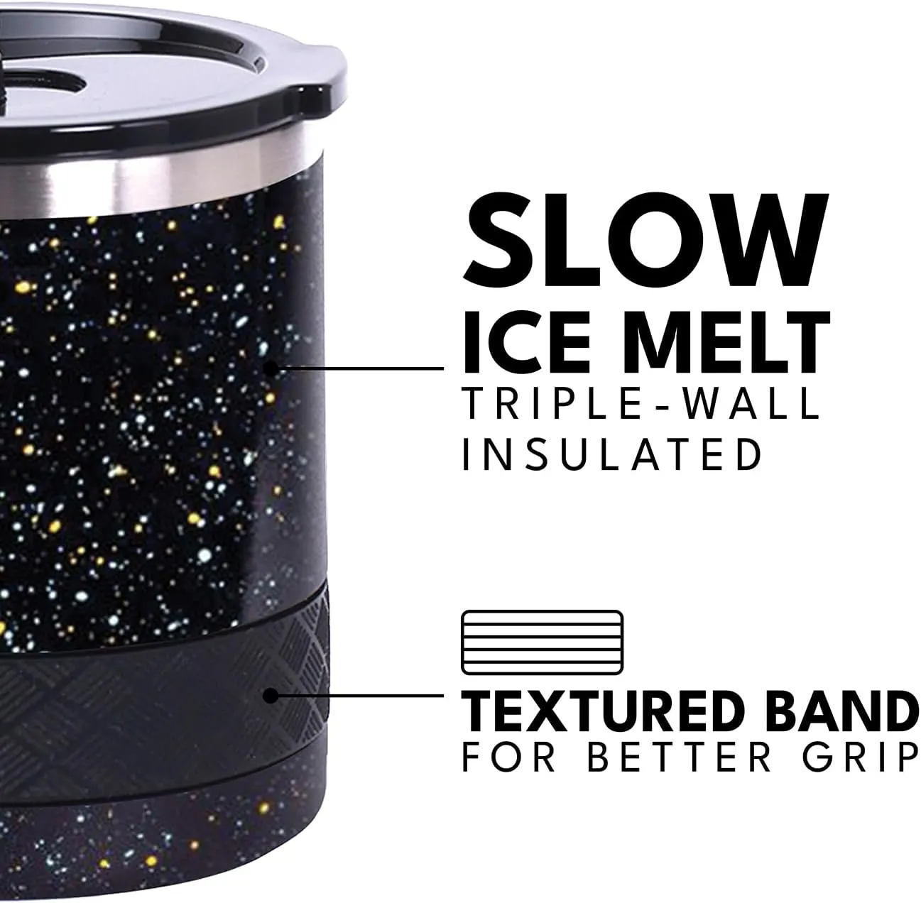 Elemental Recess Lowball Tumbler, 10oz Triple Wall Stainless Steel Cup with Non-Shattered Tritan Lid, Insulated Whiskey Glass, Insulated Coffee Tumbler Mug for Hot & Cold Drinks - Black Speckle