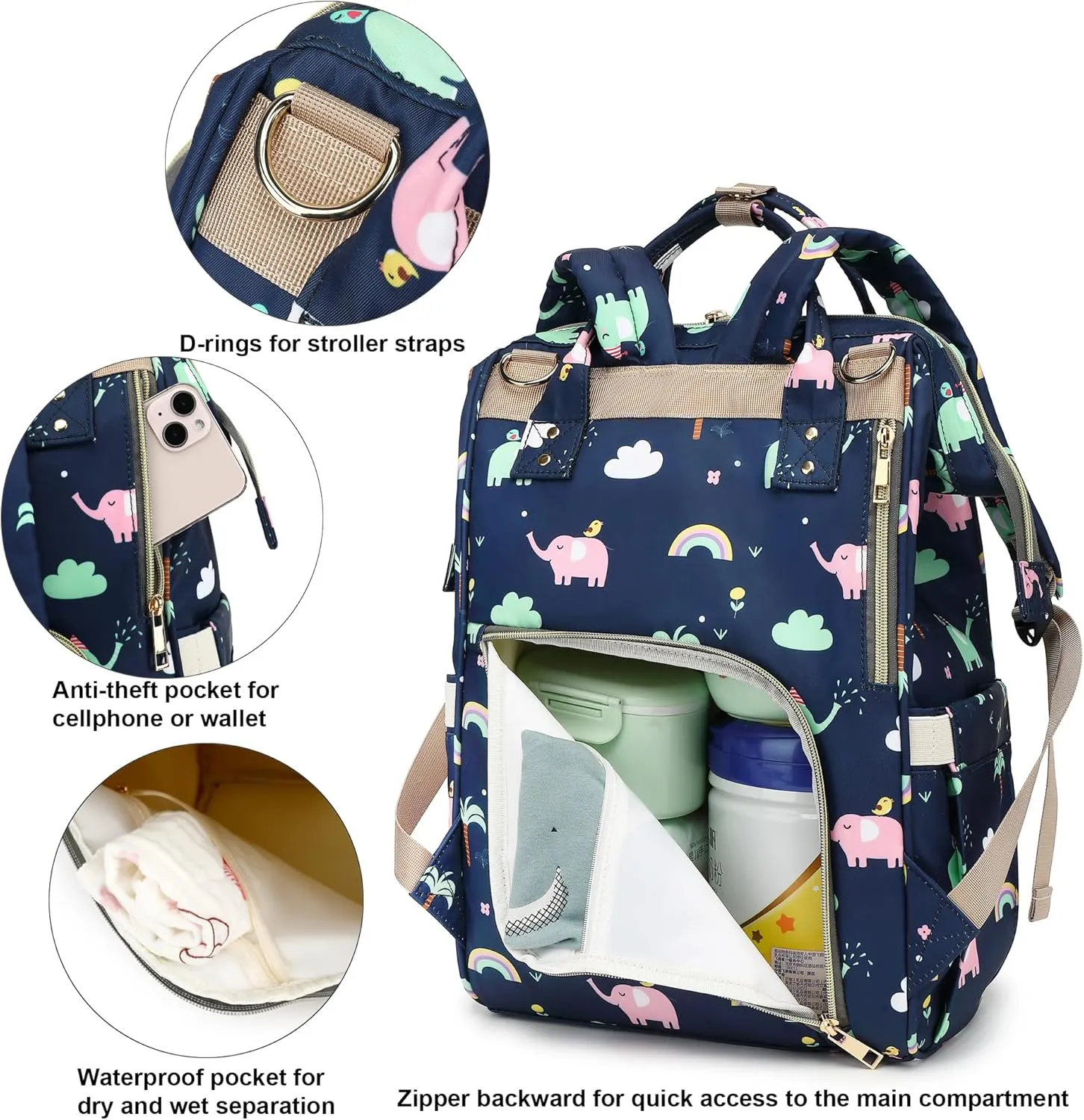 Elephant Baby Diaper Bag Backpack for Girls Boys, Waterproof Large Maternity Nappy Bags for Mom