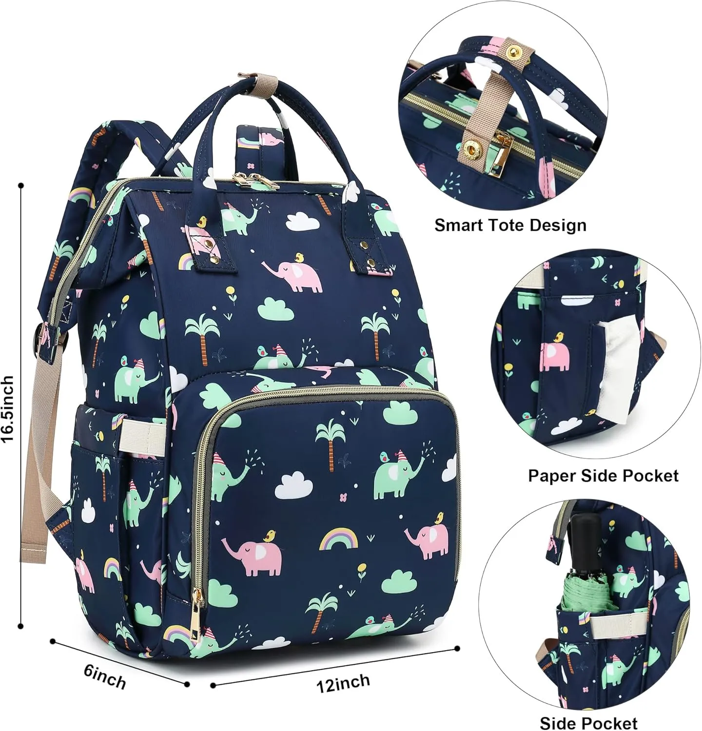 Elephant Baby Diaper Bag Backpack for Girls Boys, Waterproof Large Maternity Nappy Bags for Mom