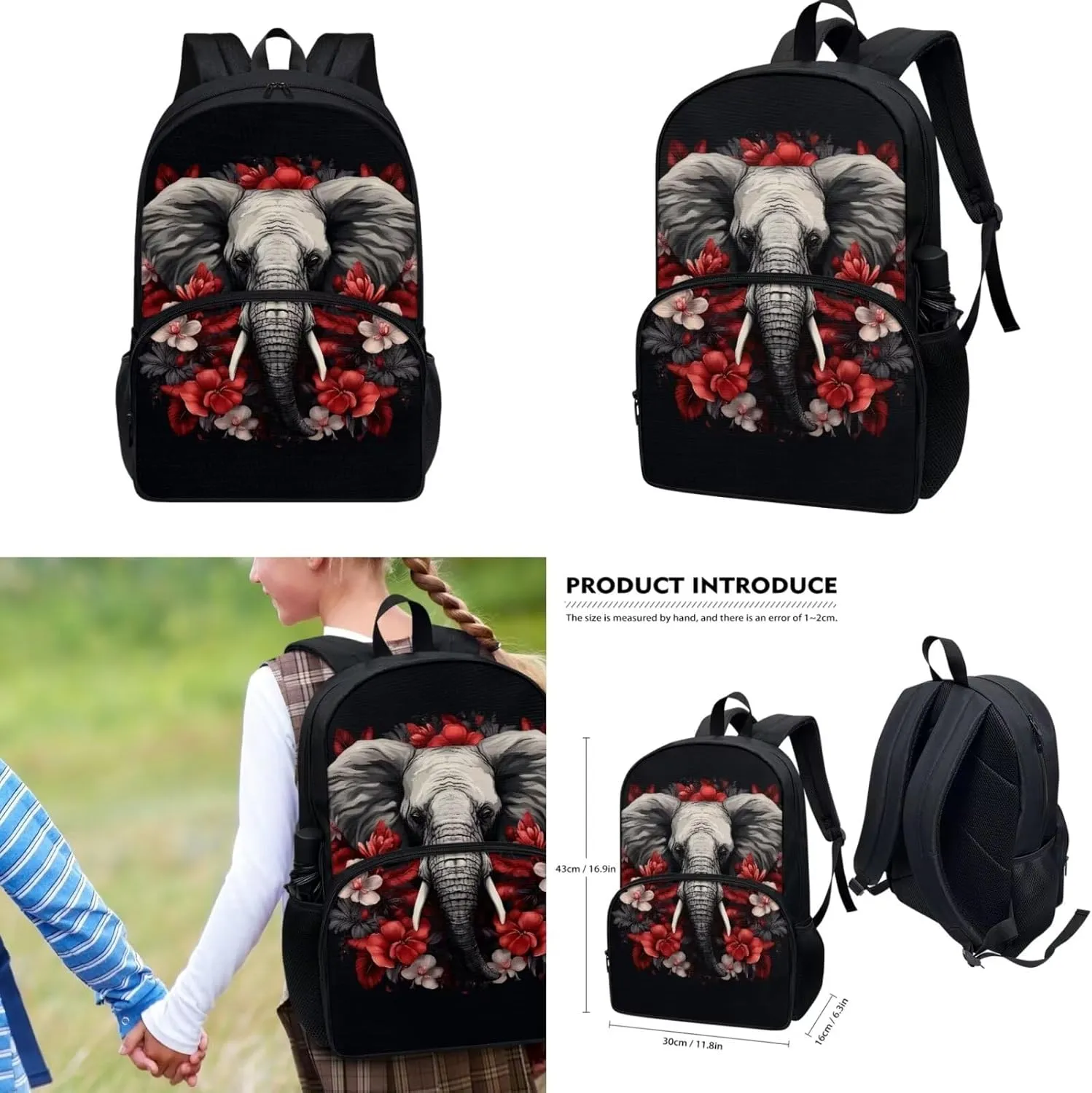 Elephant Backpack for School Boys 3 In 1 School Bag Set with Lunch Box Pencil Case Hippie Floral Middle High School Book Bag Elementary Schoolbag Rucksack for Kids Girl Back to School