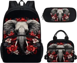 Elephant Backpack for School Boys 3 In 1 School Bag Set with Lunch Box Pencil Case Hippie Floral Middle High School Book Bag Elementary Schoolbag Rucksack for Kids Girl Back to School
