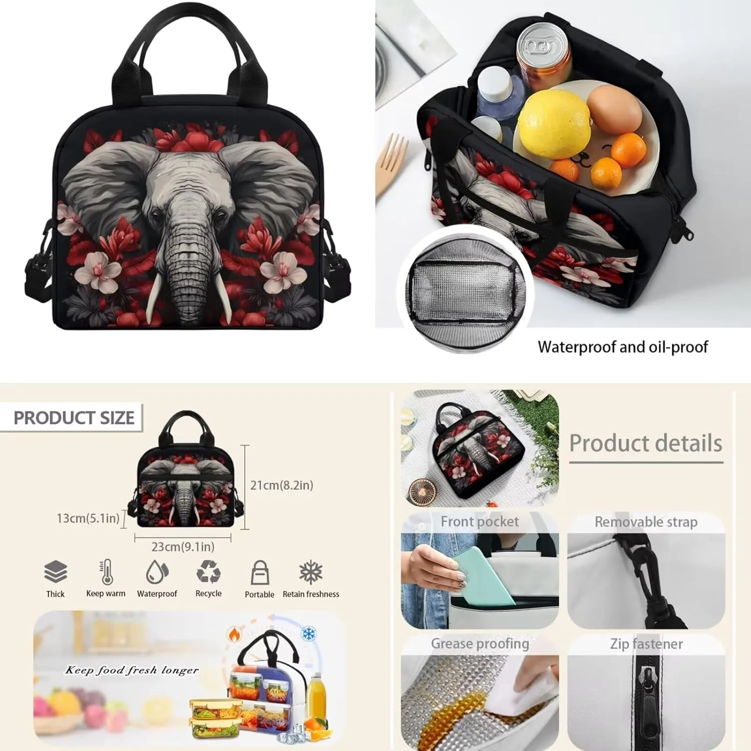 Elephant Backpack for School Boys 3 In 1 School Bag Set with Lunch Box Pencil Case Hippie Floral Middle High School Book Bag Elementary Schoolbag Rucksack for Kids Girl Back to School