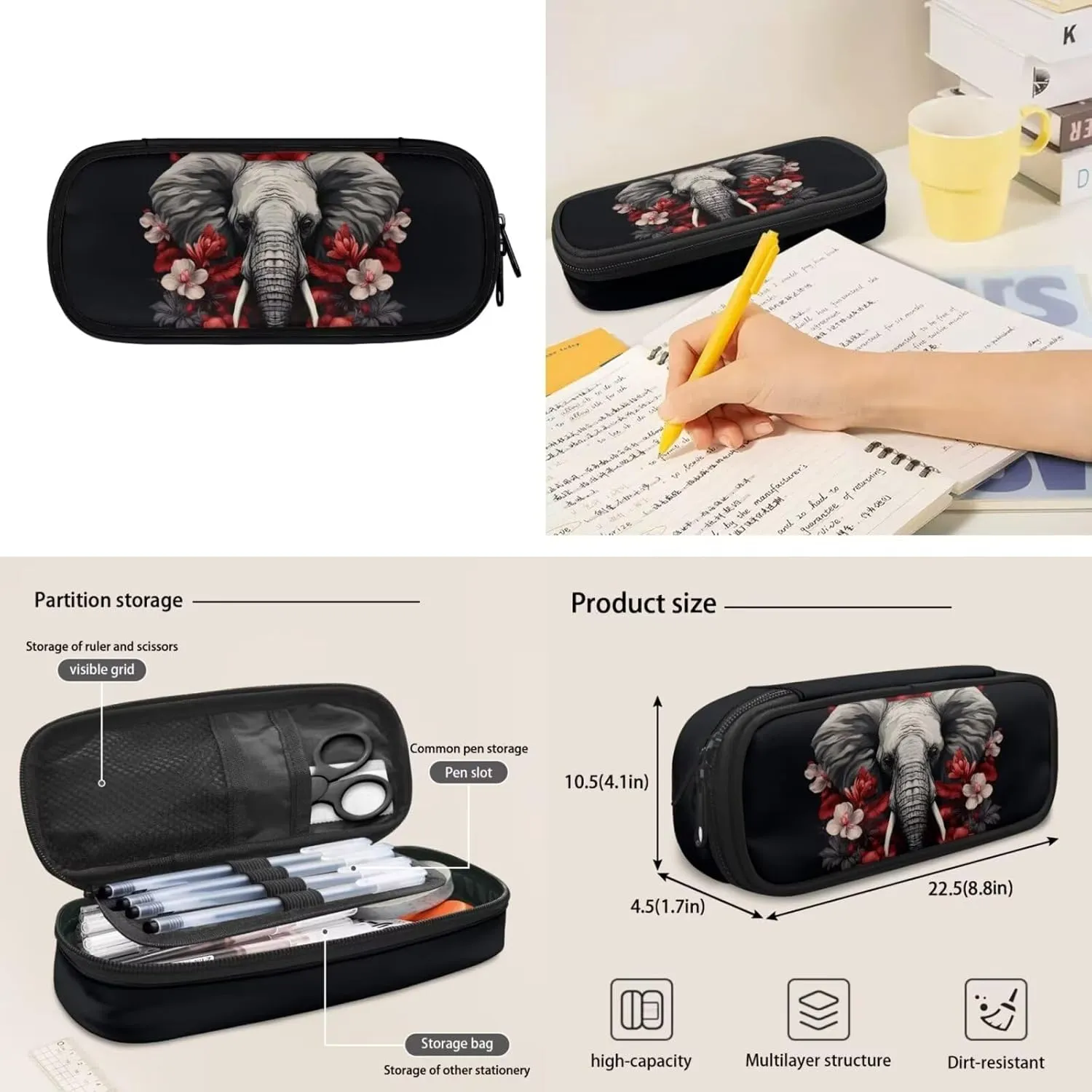 Elephant Backpack for School Boys 3 In 1 School Bag Set with Lunch Box Pencil Case Hippie Floral Middle High School Book Bag Elementary Schoolbag Rucksack for Kids Girl Back to School
