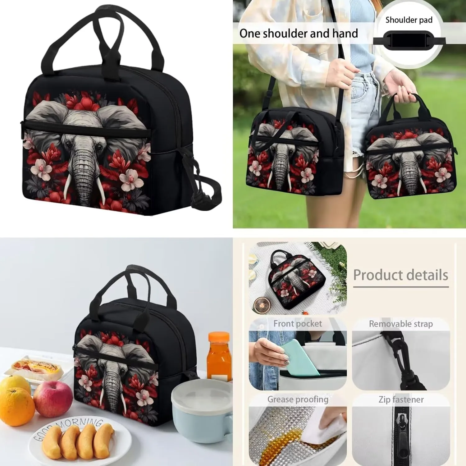 Elephant Backpack for School Boys 3 In 1 School Bag Set with Lunch Box Pencil Case Hippie Floral Middle High School Book Bag Elementary Schoolbag Rucksack for Kids Girl Back to School