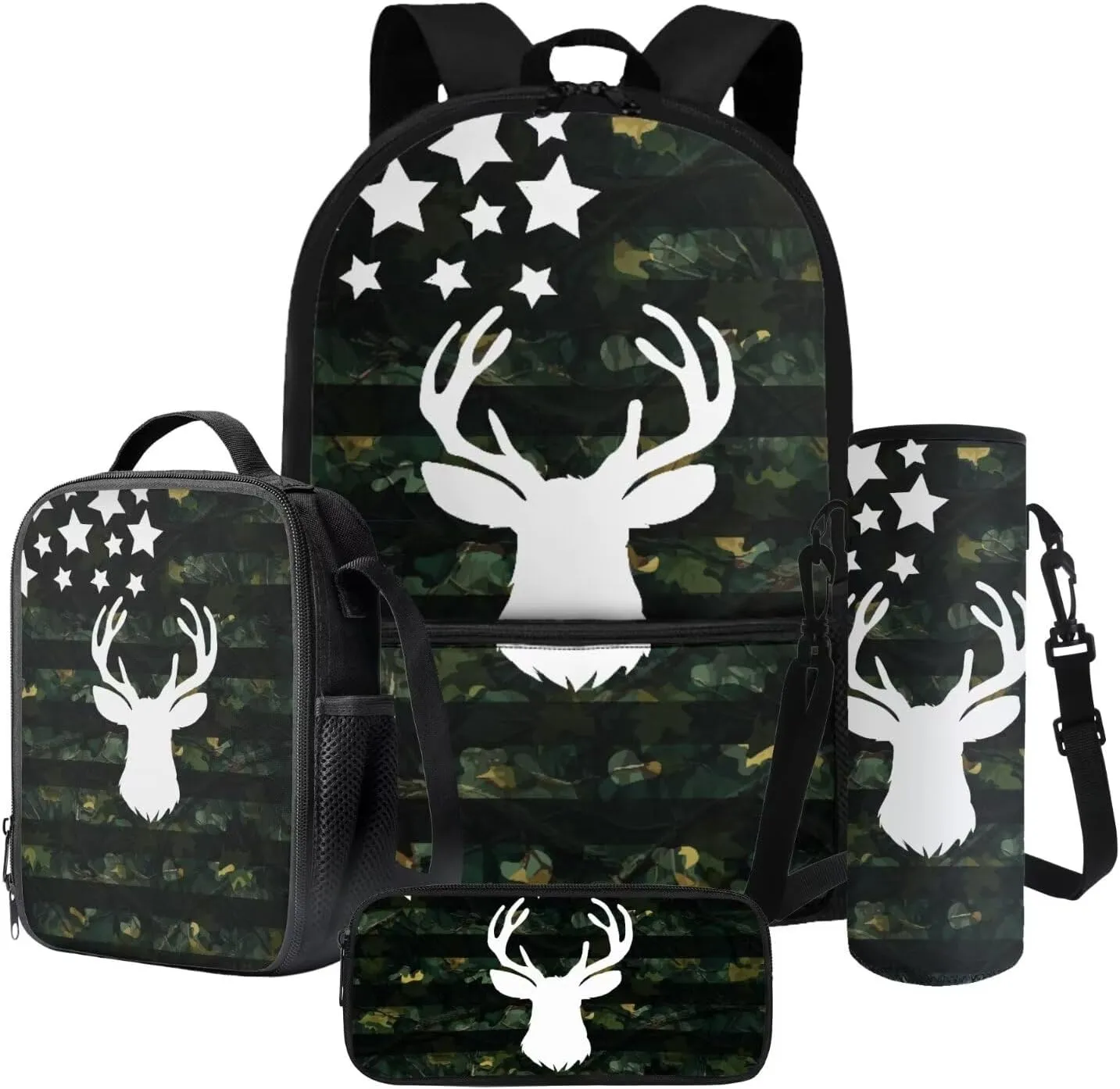 Elk Flag Forest Camo Pattern School Backpack with Lunch Box Pencil Pouch and Water Bottle Holder for Teen Kids Elementary Primary Middle High School Bag Set