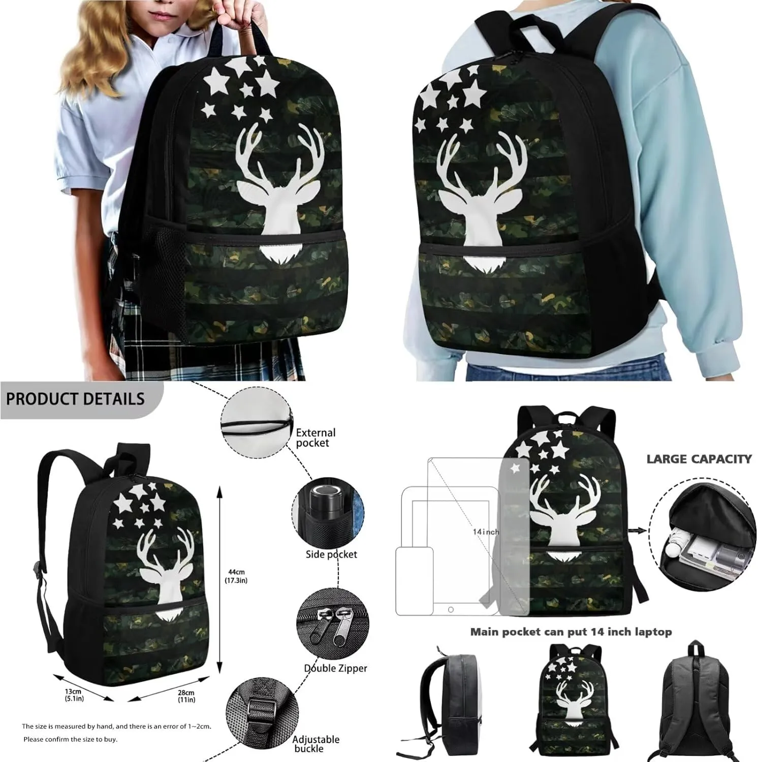 Elk Flag Forest Camo Pattern School Backpack with Lunch Box Pencil Pouch and Water Bottle Holder for Teen Kids Elementary Primary Middle High School Bag Set