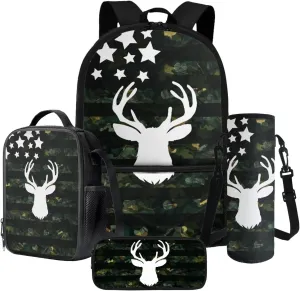 Elk Flag Forest Camo Pattern School Backpack with Lunch Box Pencil Pouch and Water Bottle Holder for Teen Kids Elementary Primary Middle High School Bag Set