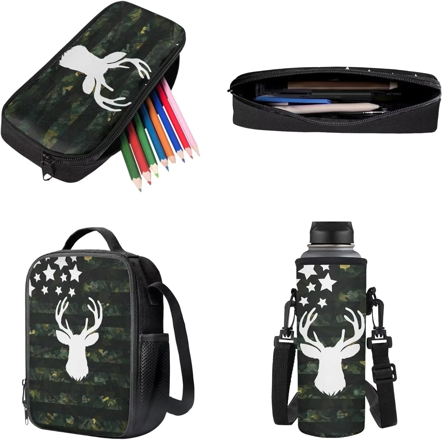 Elk Flag Forest Camo Pattern School Backpack with Lunch Box Pencil Pouch and Water Bottle Holder for Teen Kids Elementary Primary Middle High School Bag Set