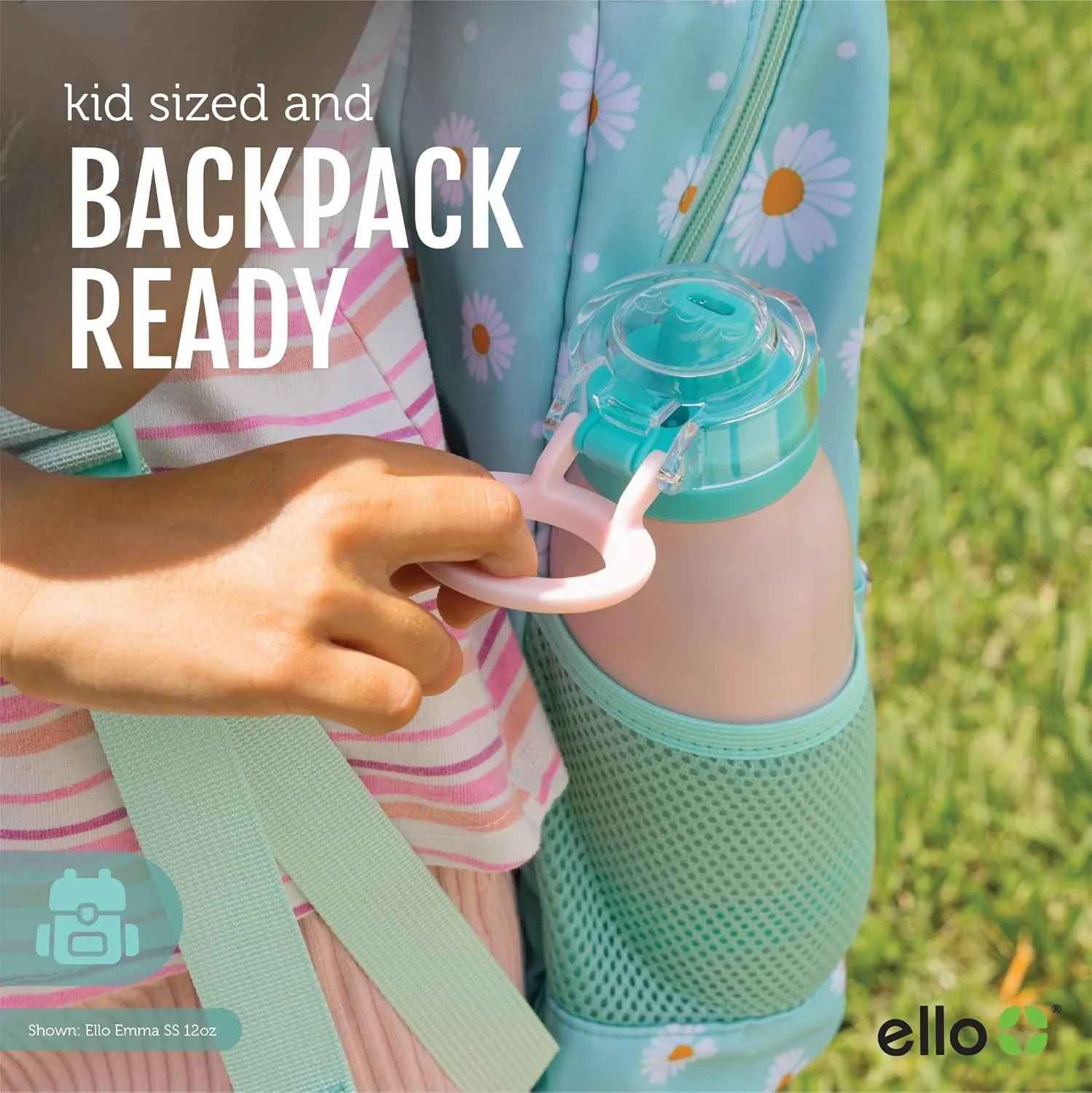 Ello Emma 14oz Vacuum Insulated Stainless Steel Kids Water Bottle with Straw and Built-in Carrying Handle and Leak-Proof Locking Lid for School Backpack, Lunchbox and Outdoor Sports, Sky