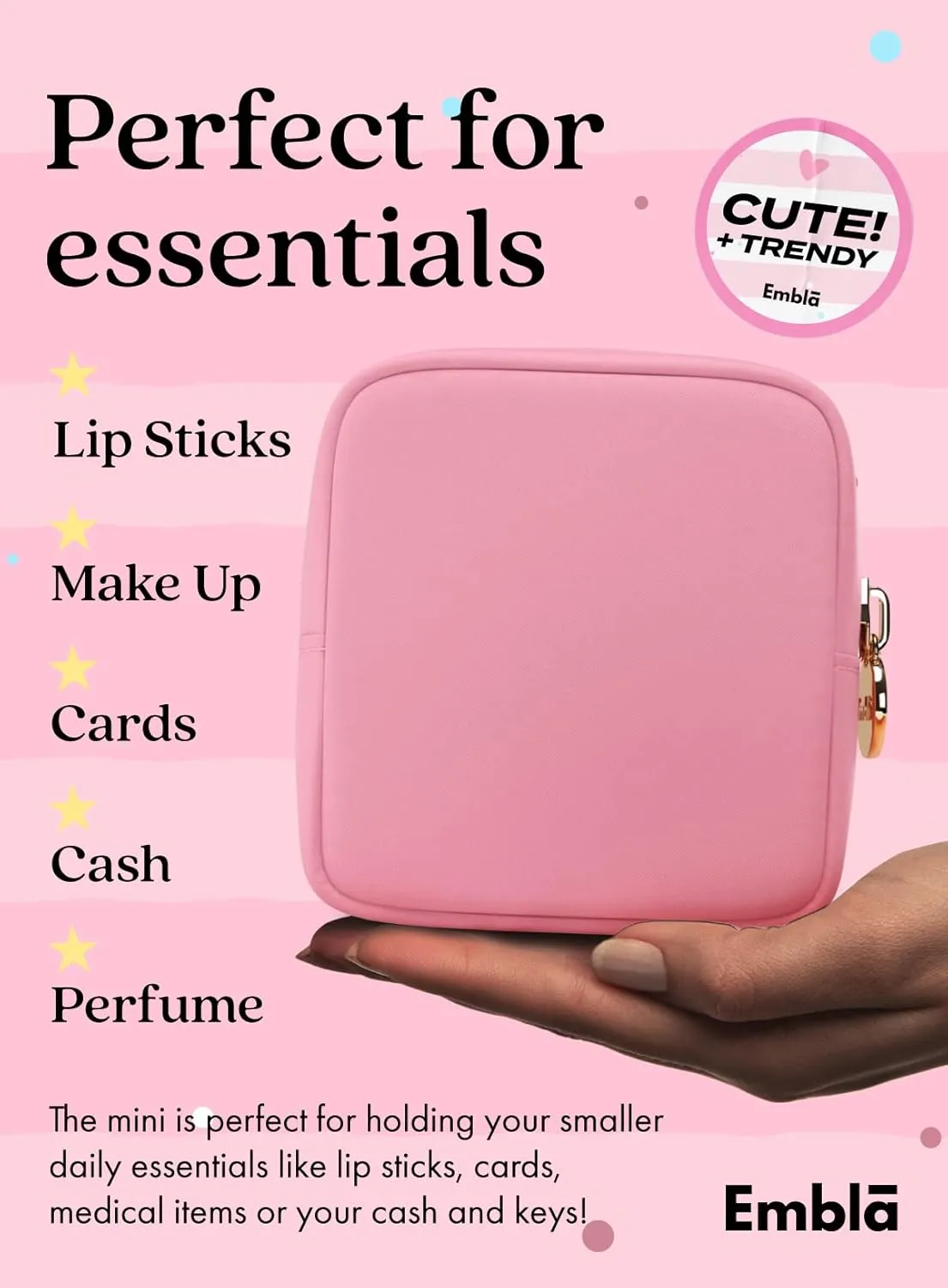 Embla Makeup Bag Travel Cosmetics Pouch and Toiletry Bag, Nylon Zipper Pouch Purse, Cute Make Up Organizer Storage Tote for Women Girls, Travel Skincare Case, Small Makeup Bags, Flamingo Pink