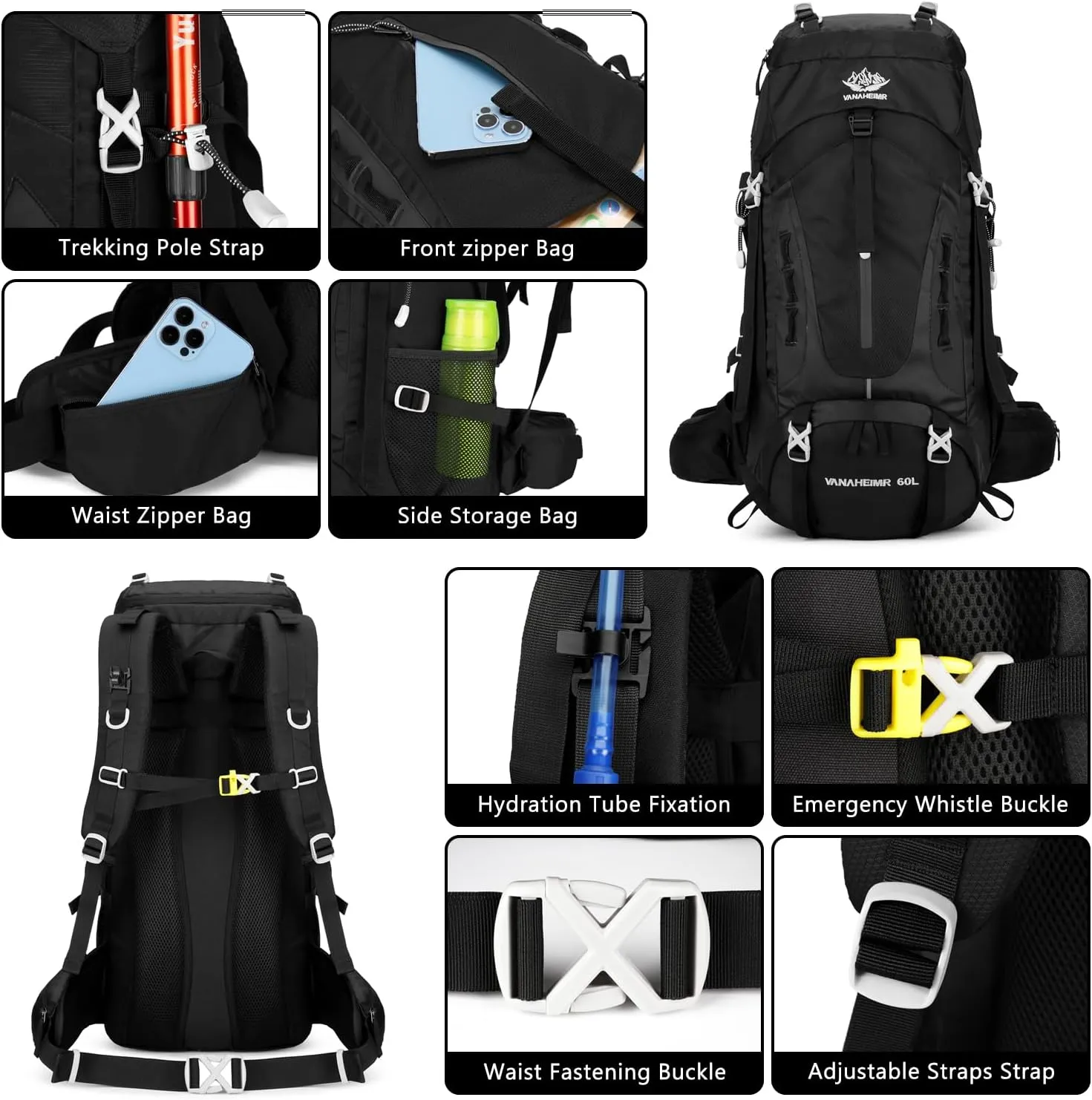 Esup 60L Hiking Backpack Men Camping Backpack with rain cover Lightweight Backpacking Backpack Travel Backpack (Black)