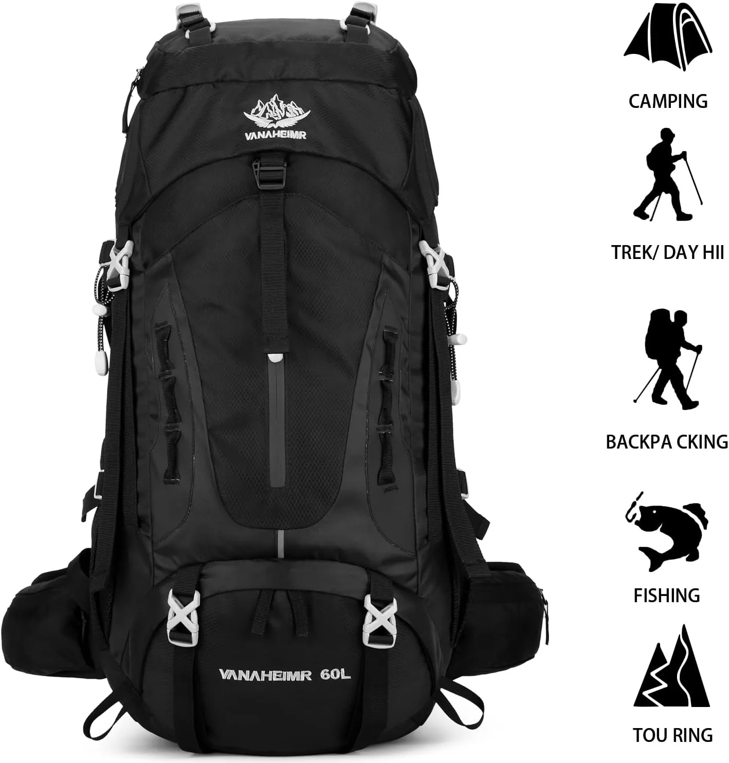 Esup 60L Hiking Backpack Men Camping Backpack with rain cover Lightweight Backpacking Backpack Travel Backpack (Black)