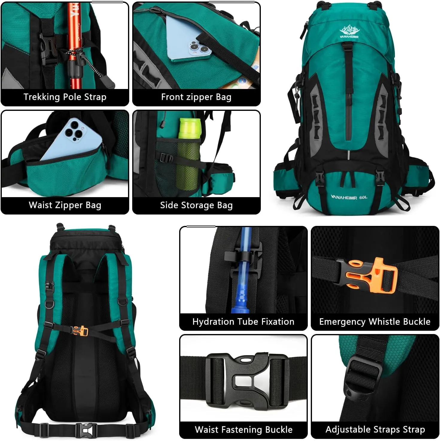 Esup 60L Hiking Backpack Men Camping Backpack with rain cover Lightweight Backpacking Backpack Travel Backpack (Lake Blue)