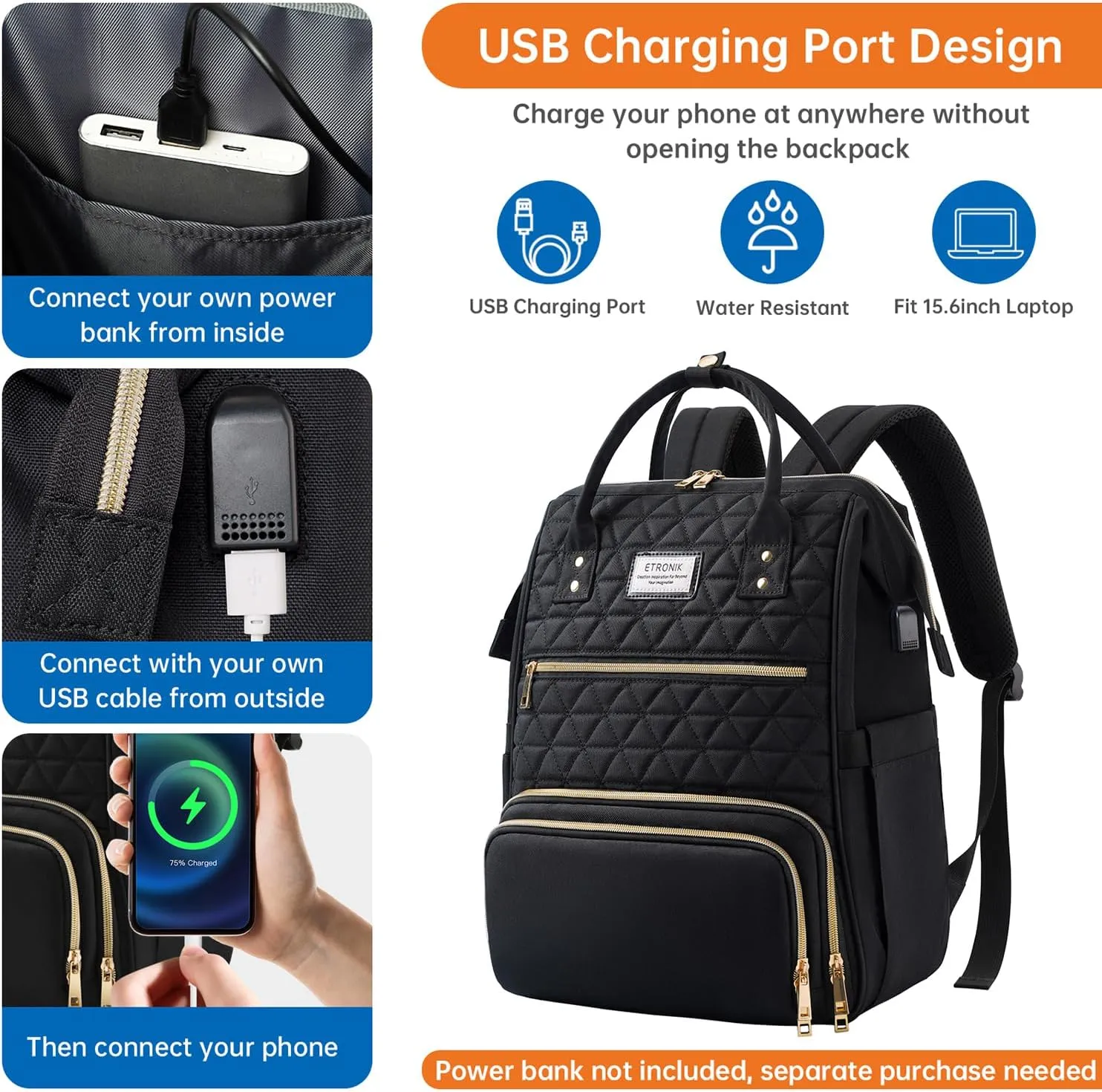 ETRONIK Lunch Backpack for Women, 15.6 in Laptop Backpack with USB Charging Port, Teacher Nurse Work Backpack with Cooler Bag Insulated Laptop bag Gifts for Women Men, Black