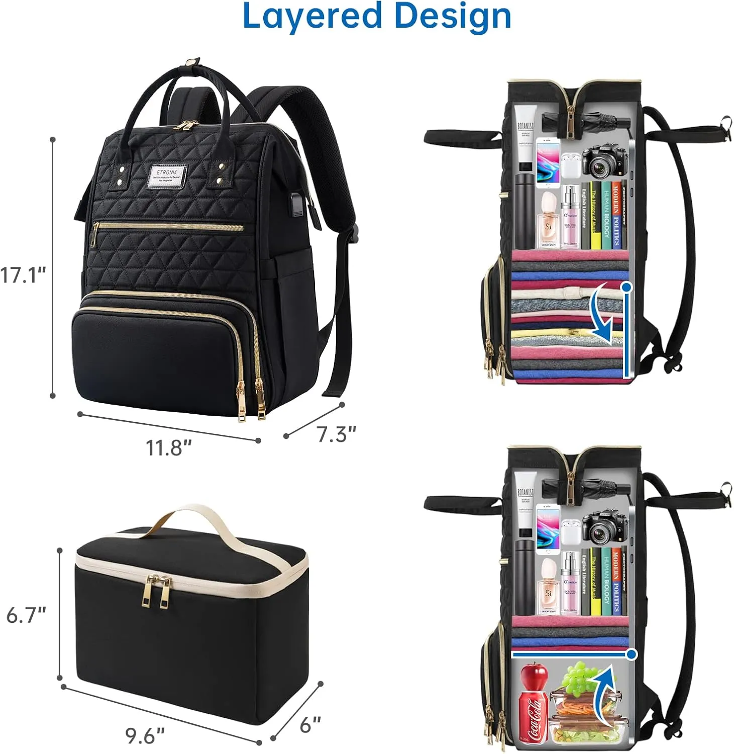 ETRONIK Lunch Backpack for Women, 15.6 in Laptop Backpack with USB Charging Port, Teacher Nurse Work Backpack with Cooler Bag Insulated Laptop bag Gifts for Women Men, Black