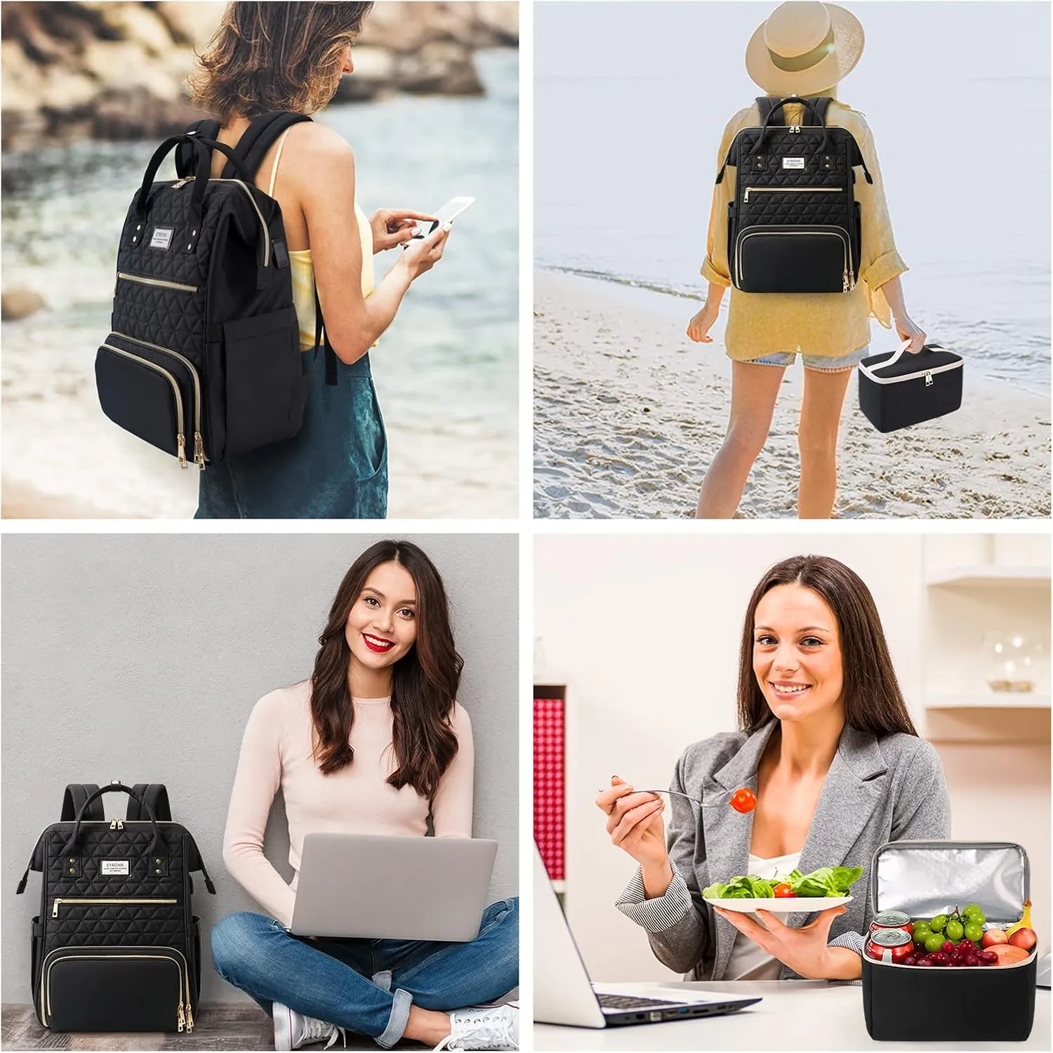 ETRONIK Lunch Backpack for Women, 15.6 in Laptop Backpack with USB Charging Port, Teacher Nurse Work Backpack with Cooler Bag Insulated Laptop bag Gifts for Women Men, Black