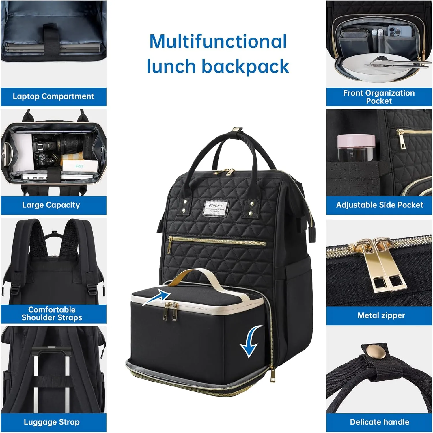 ETRONIK Lunch Backpack for Women, 15.6 in Laptop Backpack with USB Charging Port, Teacher Nurse Work Backpack with Cooler Bag Insulated Laptop bag Gifts for Women Men, Black