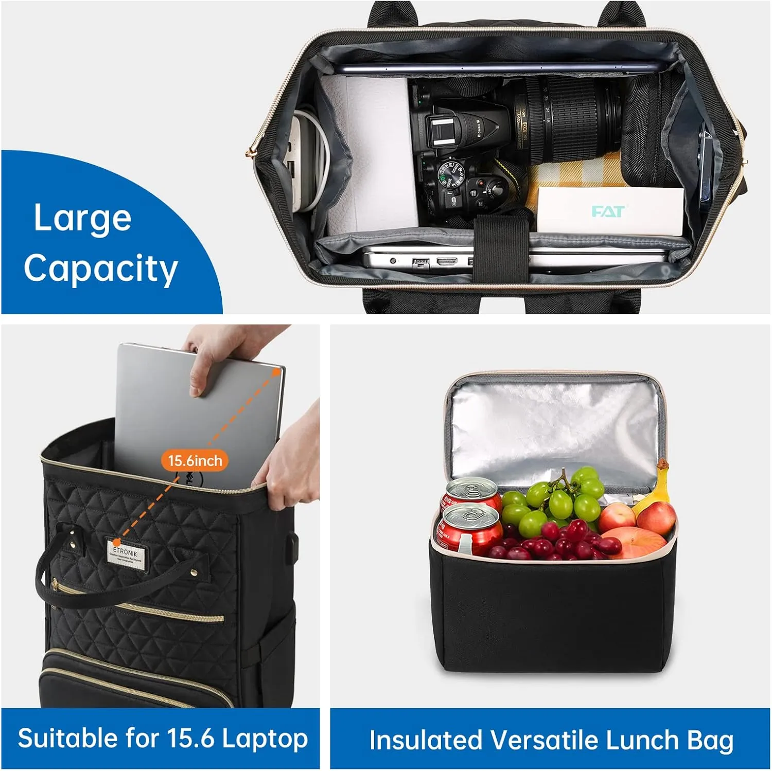 ETRONIK Lunch Backpack for Women, 15.6 in Laptop Backpack with USB Charging Port, Teacher Nurse Work Backpack with Cooler Bag Insulated Laptop bag Gifts for Women Men, Black