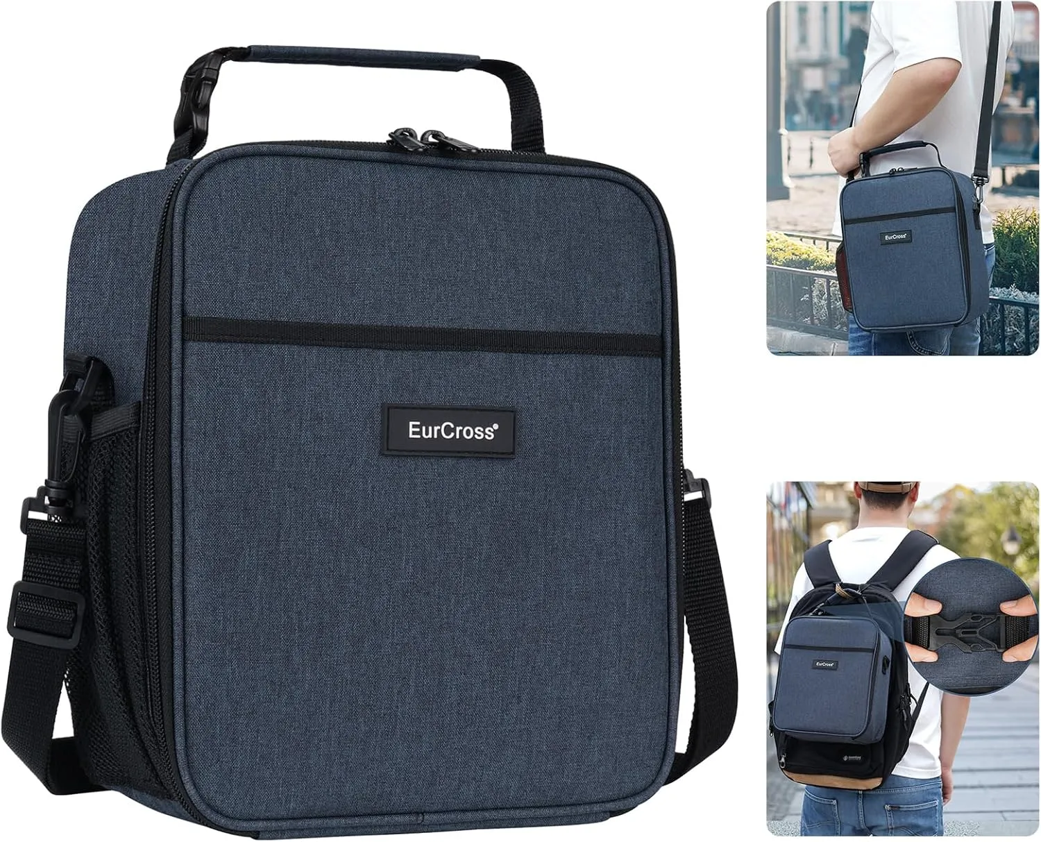 EurCross Blue Lunch Box, Insulated Crossbody Lunch bag with Strap for Work Office Lunch Boxes for Men Lunchbox for Adults