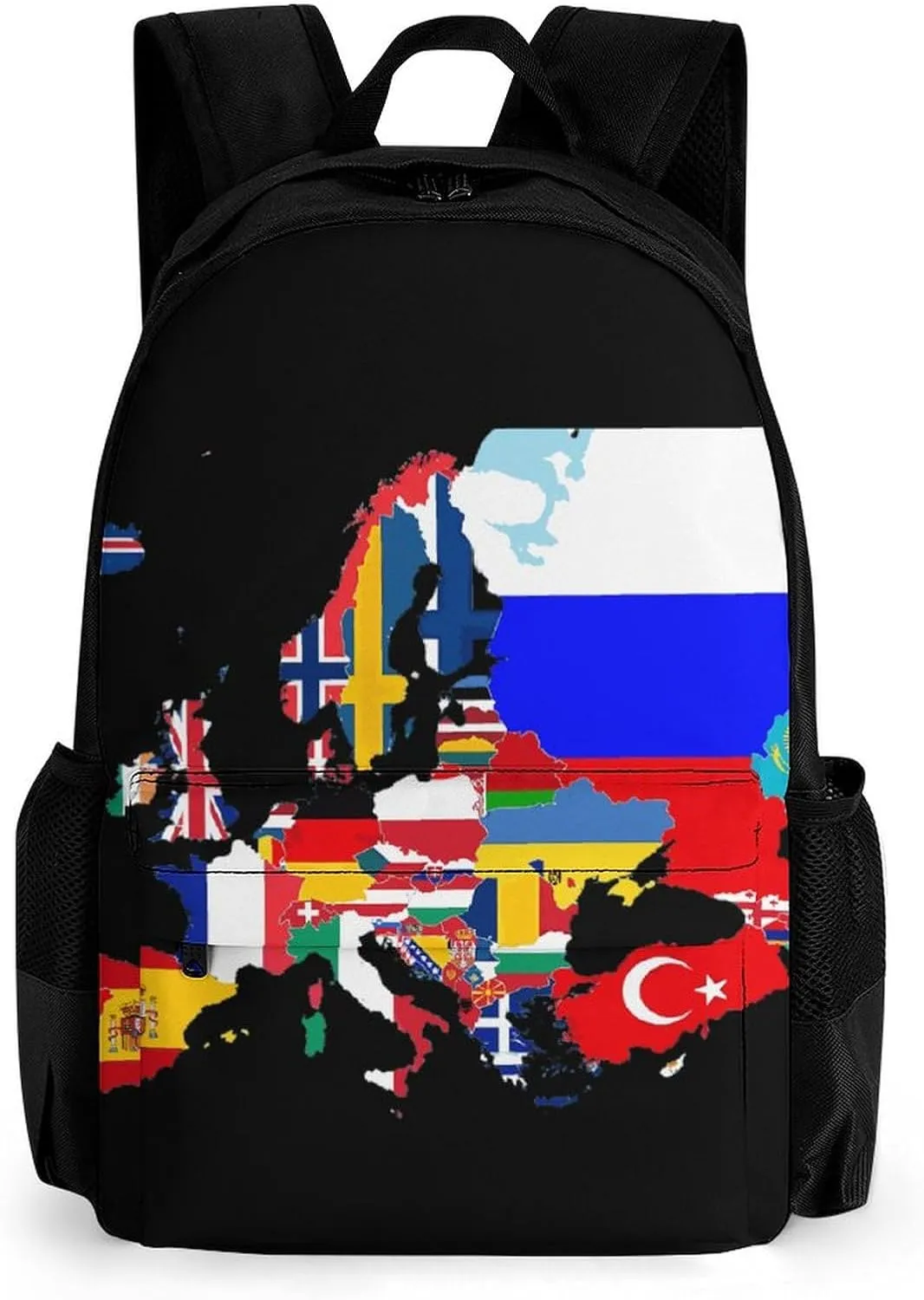 Europe Flags Map Printed Backpack Causal Daypack Travel Laptop Shoulders Bag with Side Pockets for Men Women 13 X 7 X 16 Inch