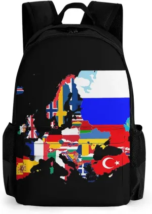 Europe Flags Map Printed Backpack Causal Daypack Travel Laptop Shoulders Bag with Side Pockets for Men Women 13 X 7 X 16 Inch