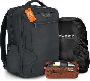 EVERKI ECO Studio Expandable Backpack (EKP118E-ECO) with Orange Accessory Pouch & Rain Cover - Expandable Laptop Backpack with 15" Compartment, 26L Capacity - Expandable Backpack, Pouch & Cover Bundle