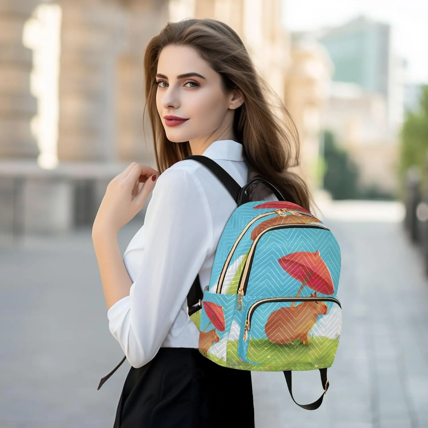 Exnundod Backpack Purse for Women Hillside Capybara Umbrella, Mini Fashion Backpack Cute Lightweight Casual Daypack Shoulder Bag Travel Backpack, Medium