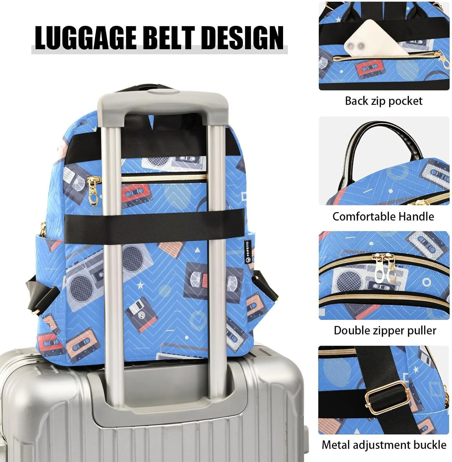 Exnundod Backpack Purse for Women Retro Tape Recorder, Mini Fashion Backpack Music Cassettes Lightweight Casual Daypack Shoulder Bag Travel Backpack, Small