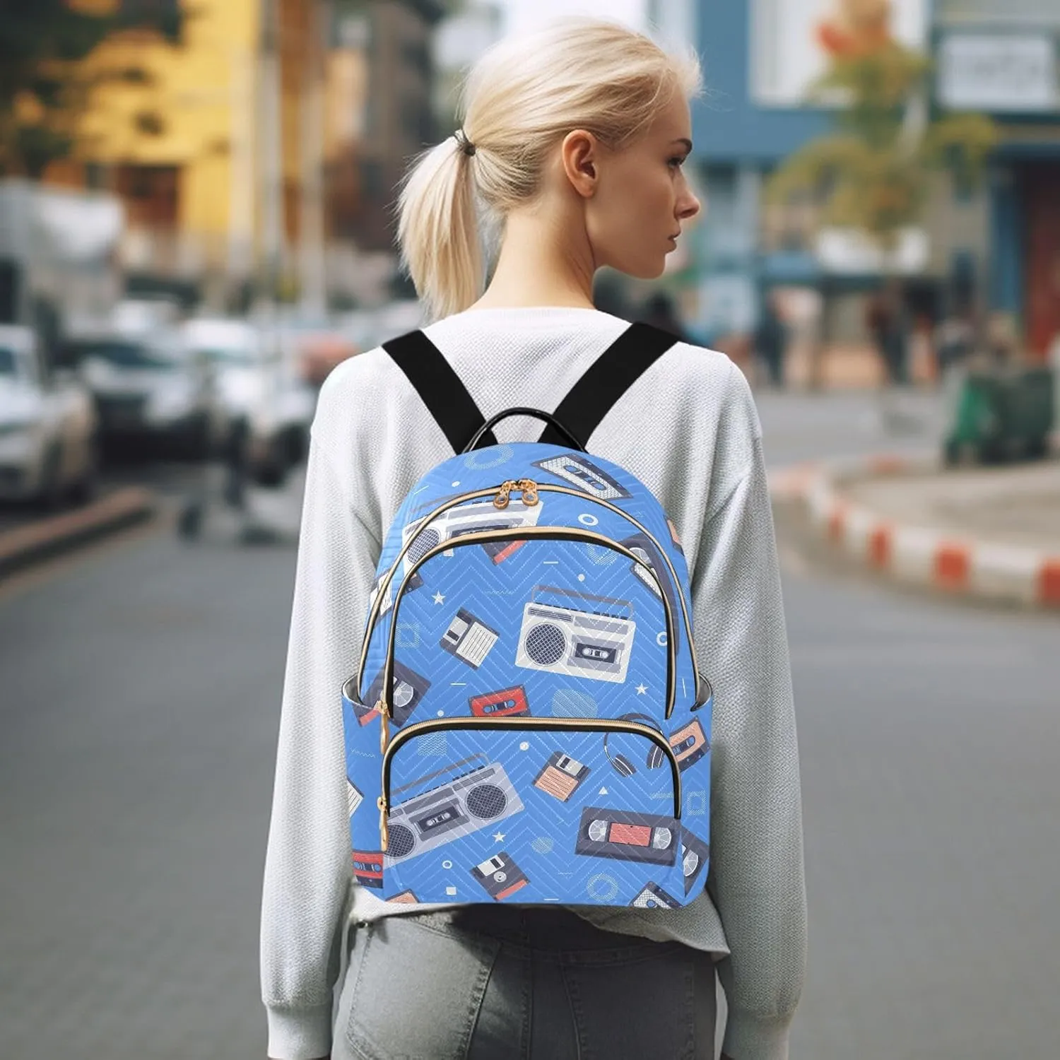 Exnundod Backpack Purse for Women Retro Tape Recorder, Mini Fashion Backpack Music Cassettes Lightweight Casual Daypack Shoulder Bag Travel Backpack, Small