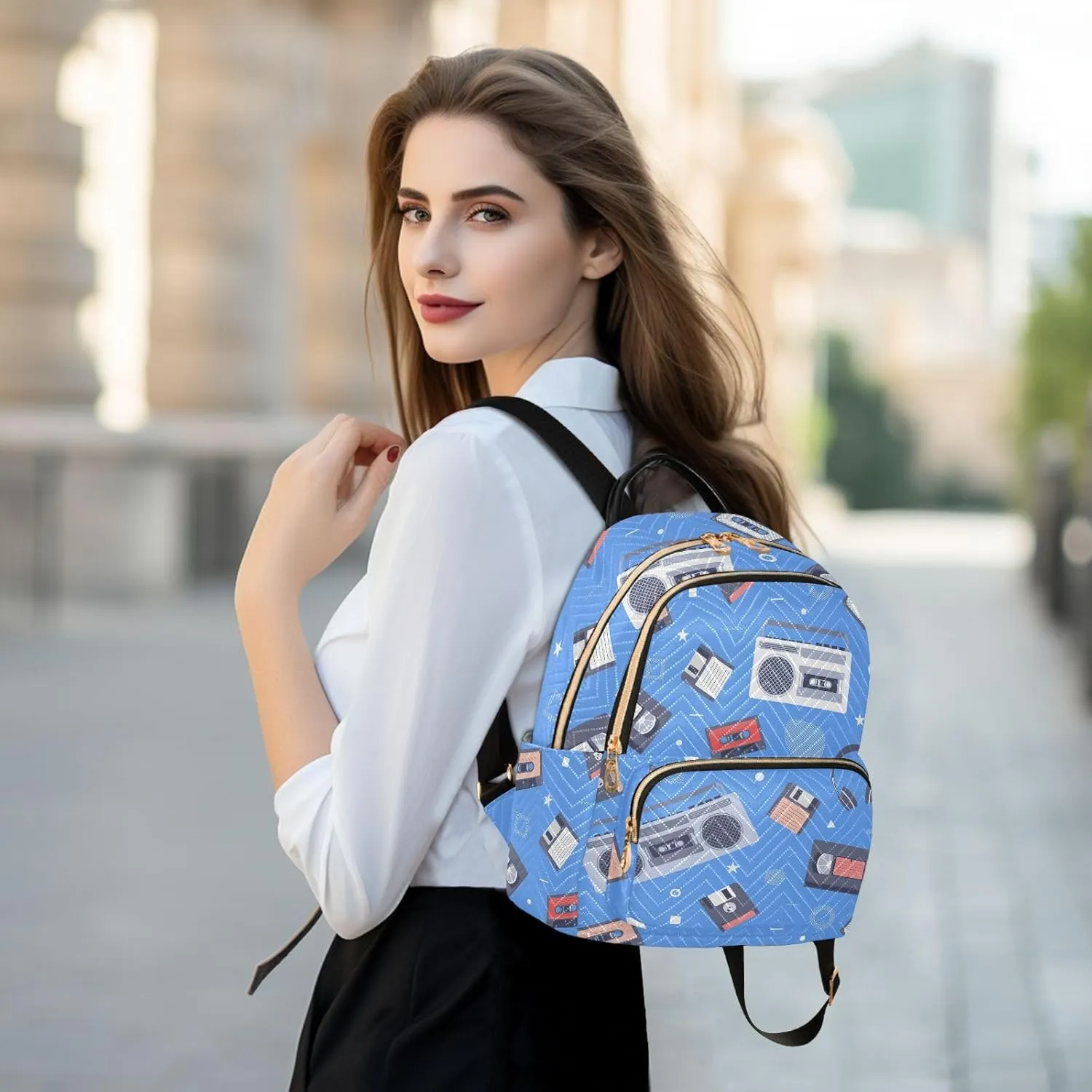 Exnundod Backpack Purse for Women Retro Tape Recorder, Mini Fashion Backpack Music Cassettes Lightweight Casual Daypack Shoulder Bag Travel Backpack, Small