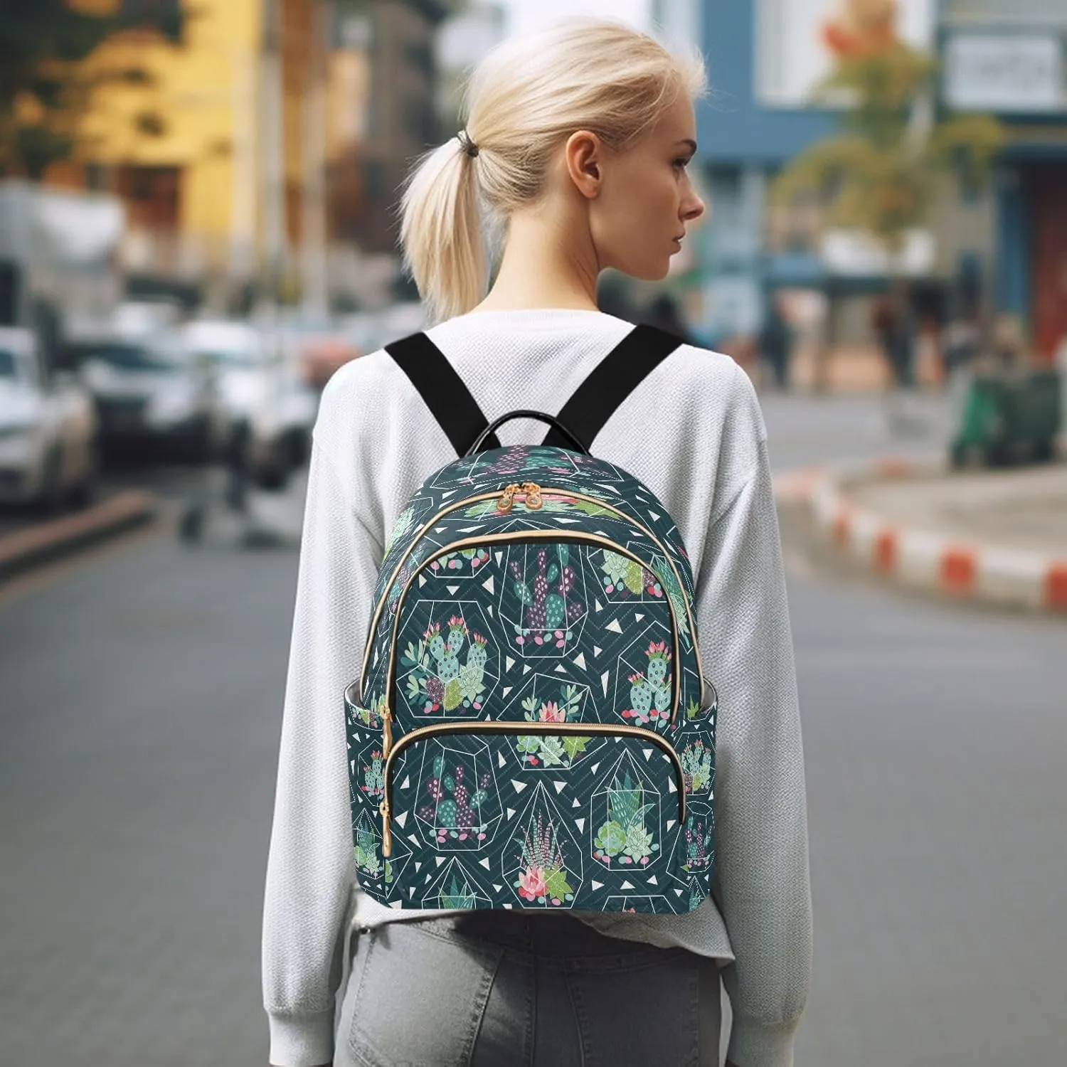 Exnundod Backpack Purse for Women Succulent Plant Cactus Pattern Mini Backpack Casual Backpack Print Travel Daypack,Medium