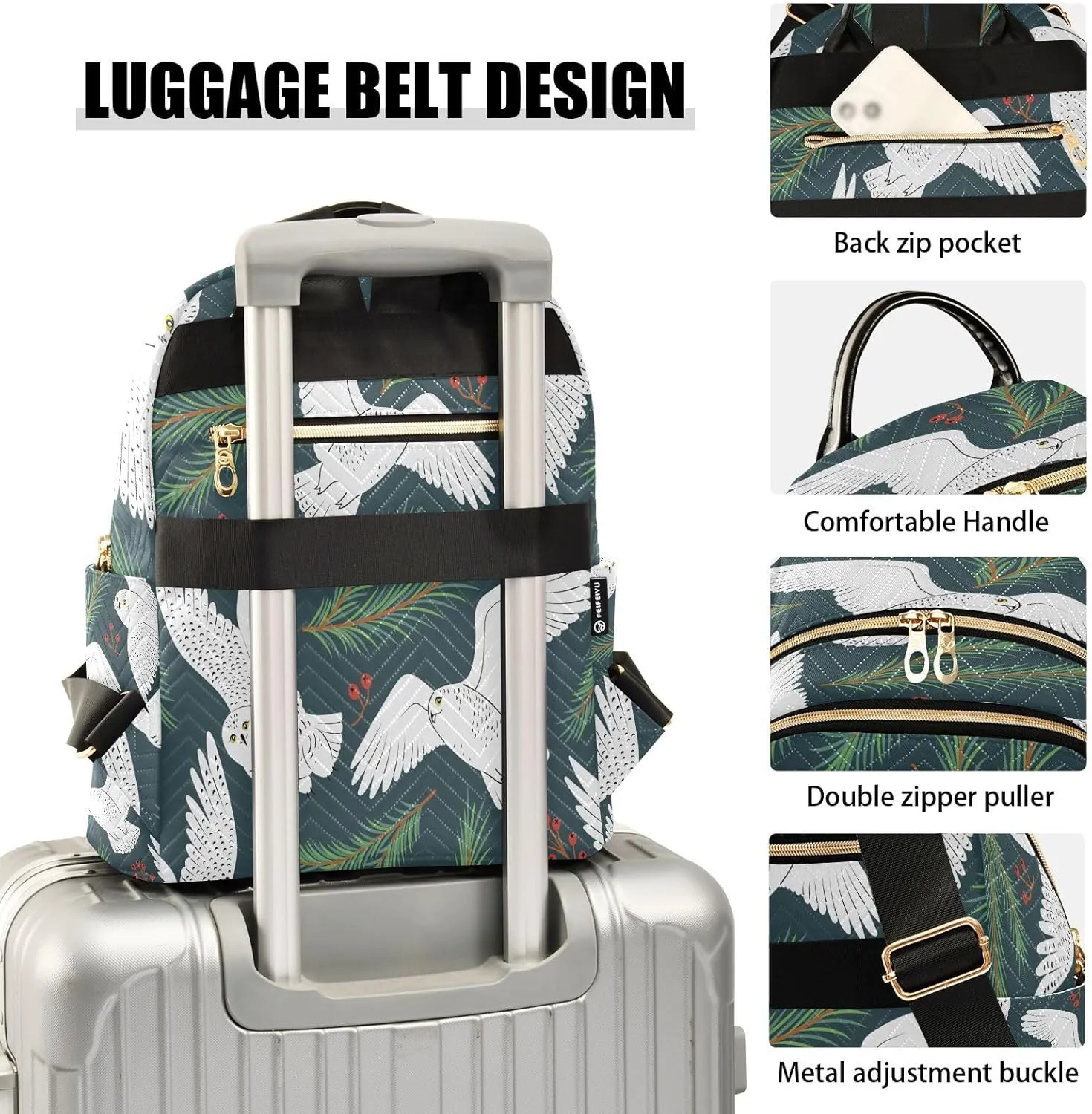 Exnundod Backpack Purse for Women White Owls Spruce Branches Travel Backpack Lightweight Daypack,