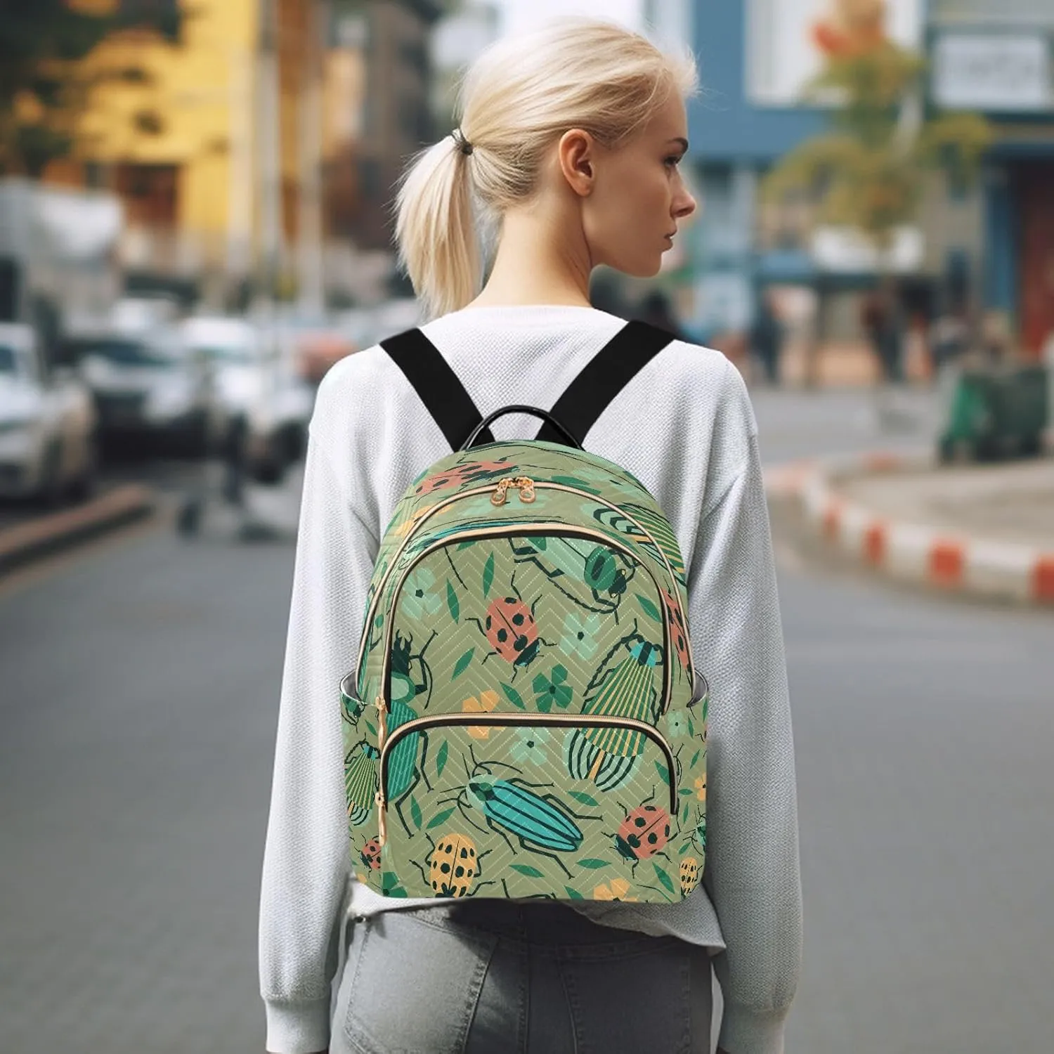Exnundod Small Backpack for Women Beetles Bugs Summer Leaves Backpack Purse Travel Daypack Lightweight Backpack