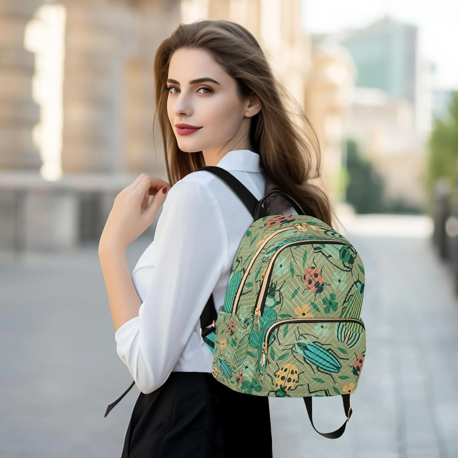 Exnundod Small Backpack for Women Beetles Bugs Summer Leaves Backpack Purse Travel Daypack Lightweight Backpack
