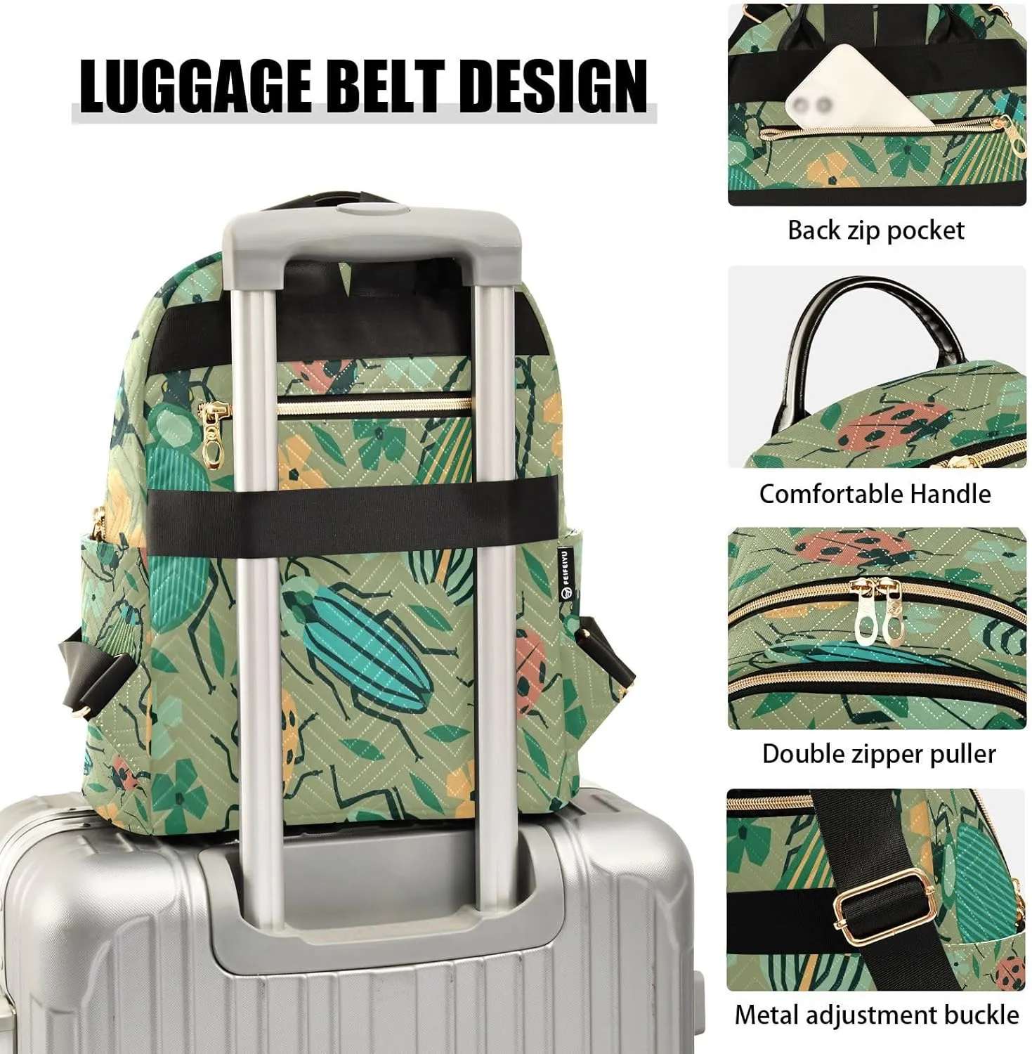 Exnundod Small Backpack for Women Beetles Bugs Summer Leaves Backpack Purse Travel Daypack Lightweight Backpack