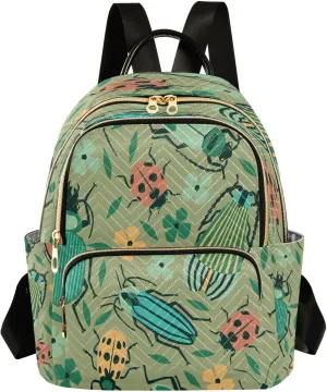 Exnundod Small Backpack for Women Beetles Bugs Summer Leaves Backpack Purse Travel Daypack Lightweight Backpack